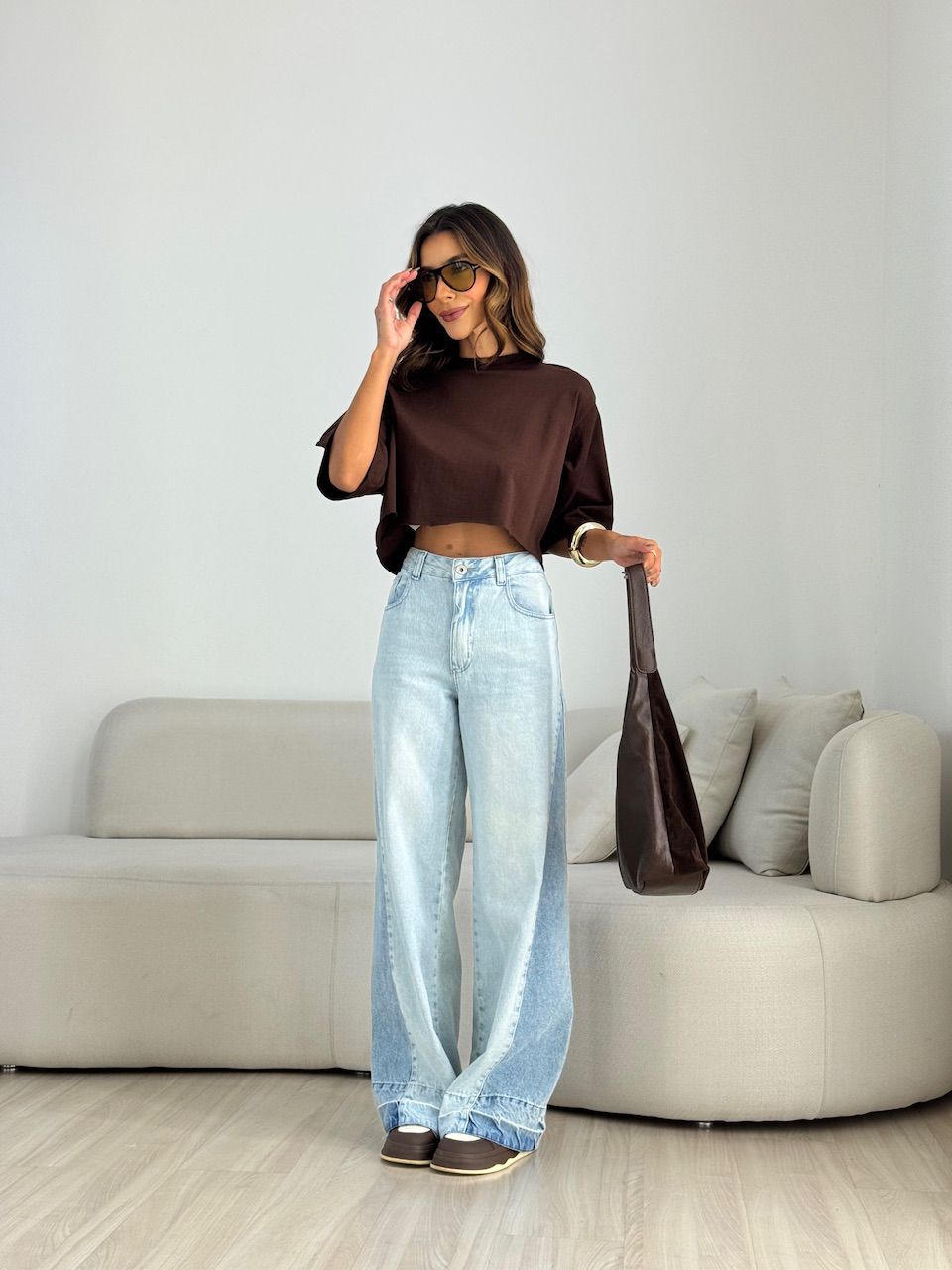 CROPPED REBECA CF MANGUINHA MARROM