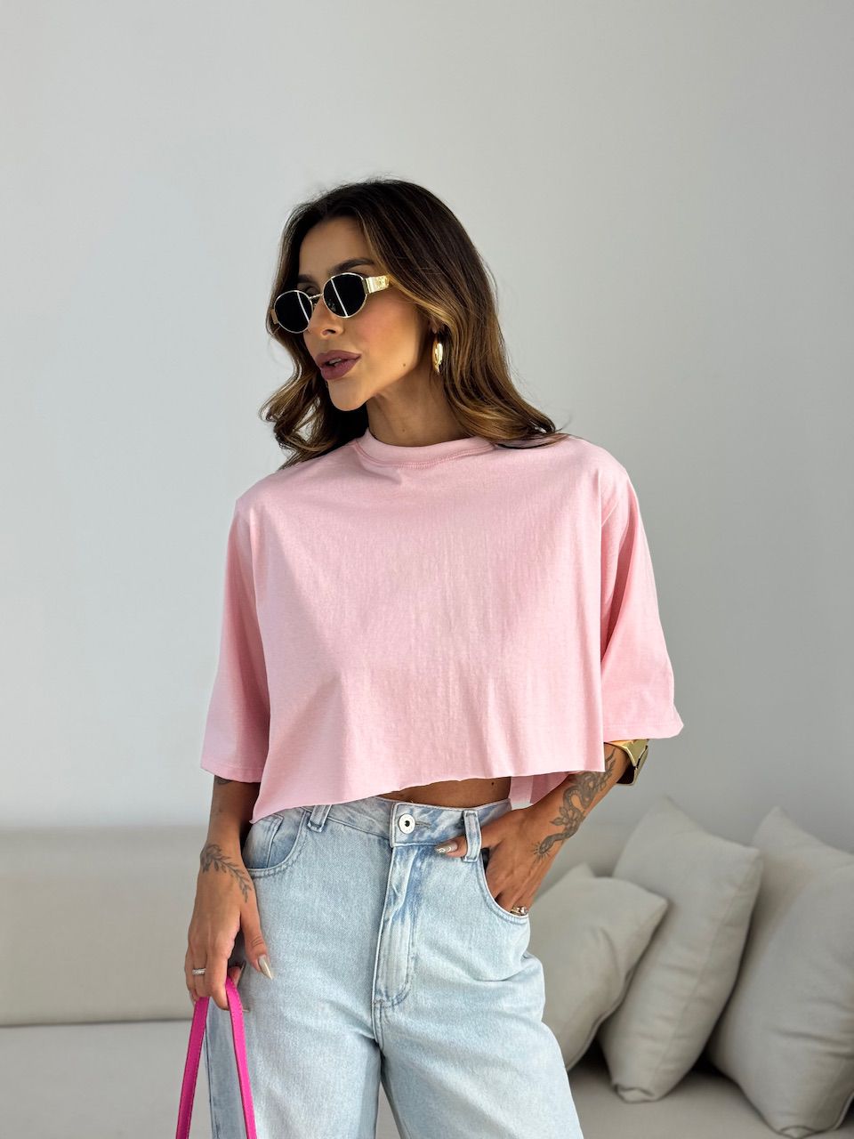 CROPPED REBECA CF MANGUINHA ROSA