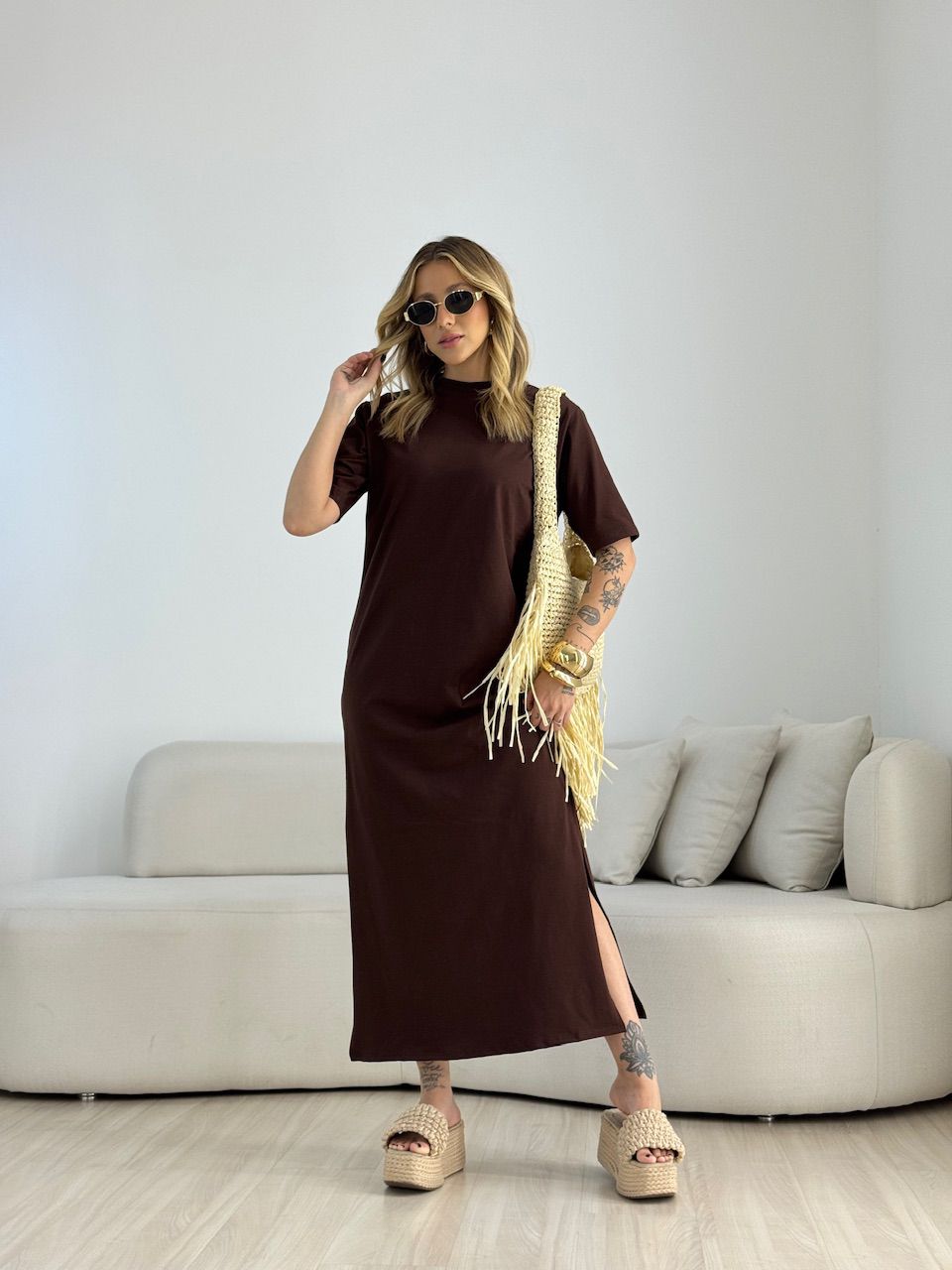 VESTIDO LILIANE CF MIDI MARROM - 0071310054 - CAROLLA FERRARO