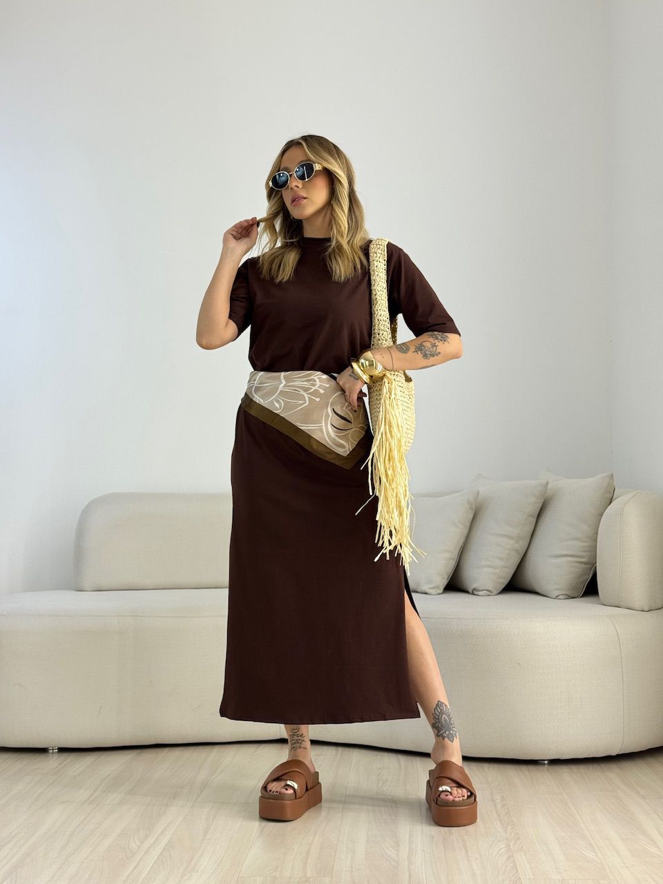 VESTIDO LILIANE CF MIDI MARROM