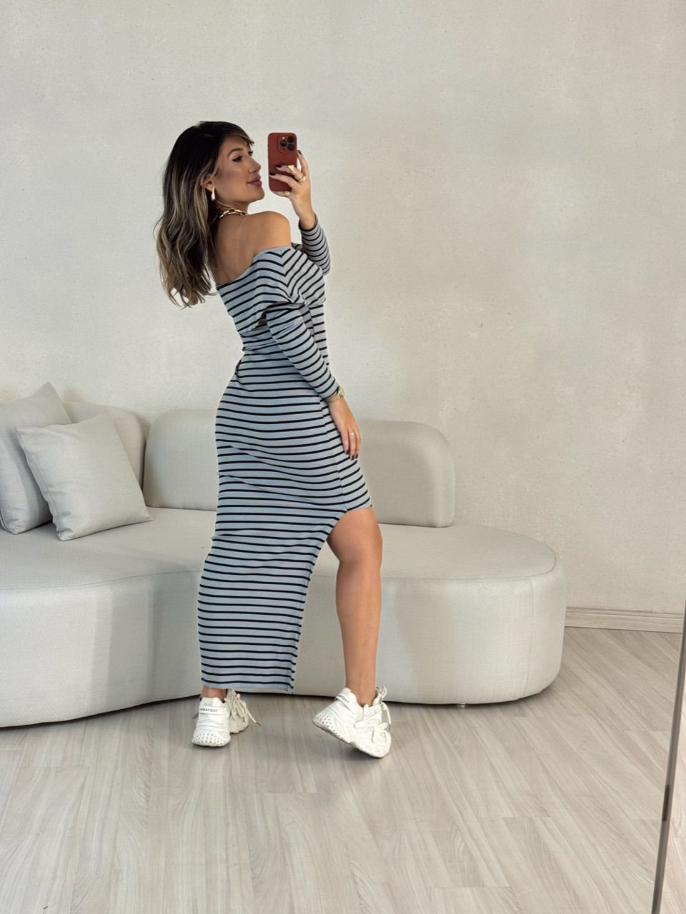 VESTIDO ANGÉLICA LISTRADO CINZA