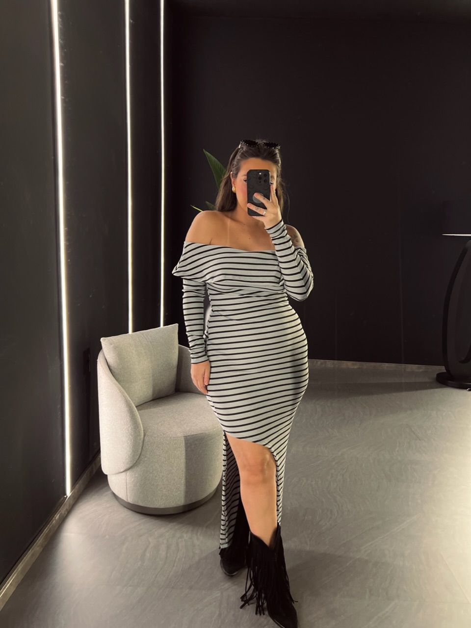 VESTIDO ANGÉLICA LISTRADO CINZA