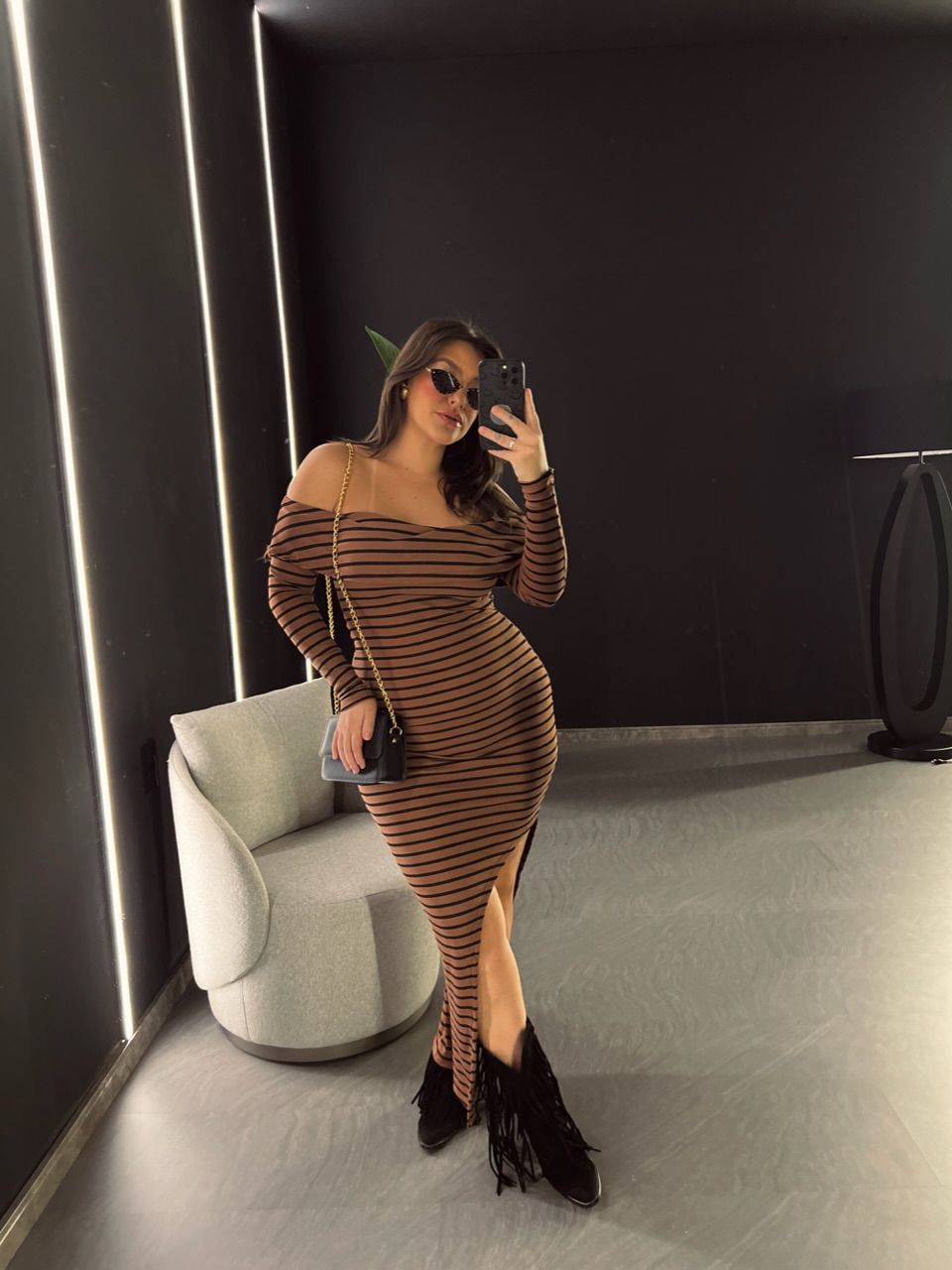 VESTIDO ANGÉLICA LISTRADO MARROM
