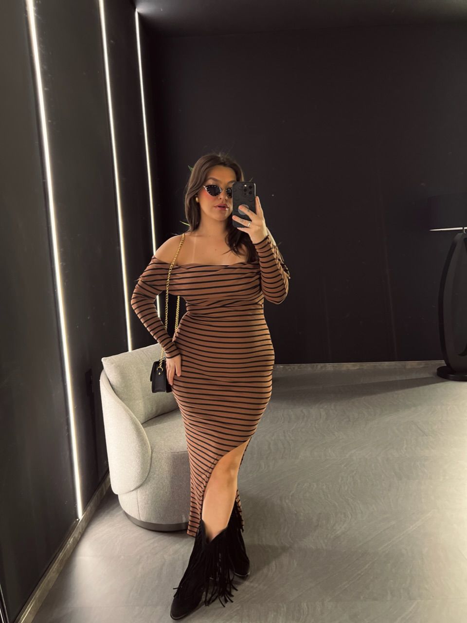 VESTIDO ANGÉLICA LISTRADO MARROM