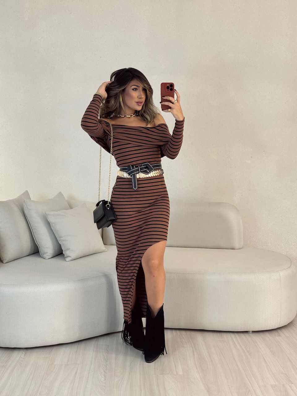 VESTIDO ANGÉLICA LISTRADO MARROM - 0052850054 - CAROLLA FERRARO