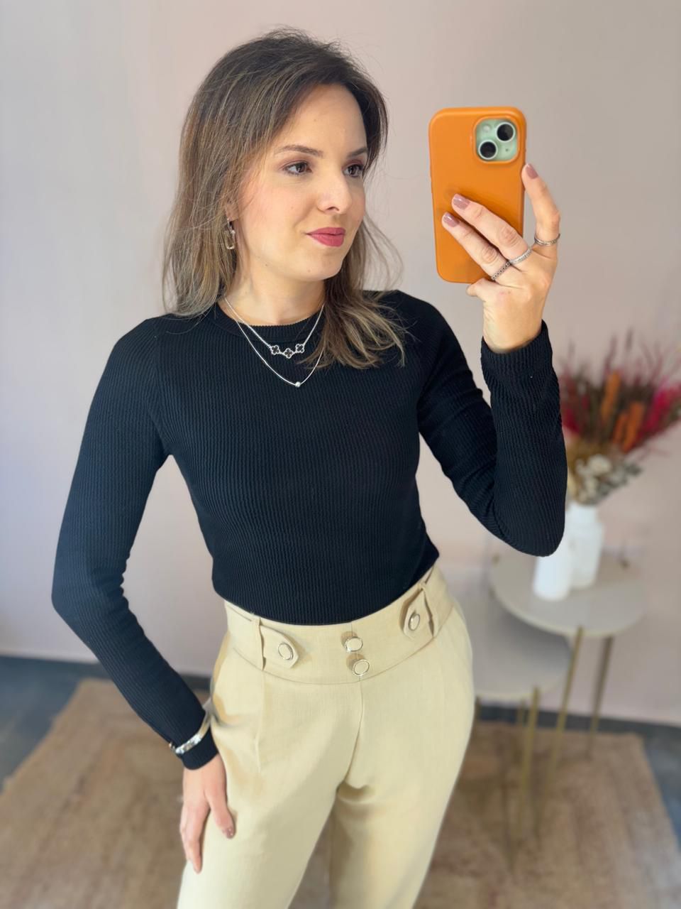 Blusa Wave Manga Longa - Preta - DONNA LELLA