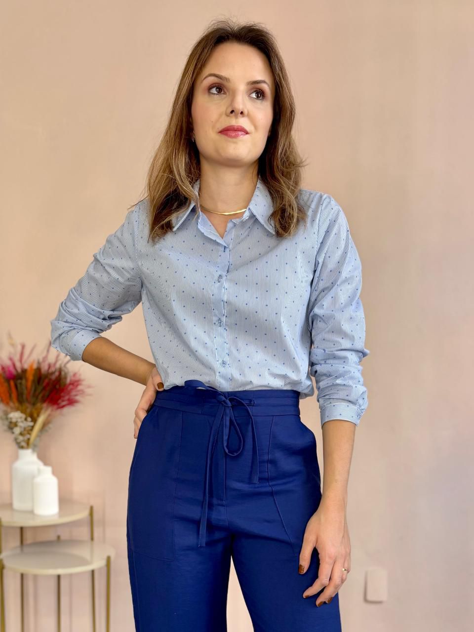 Camisa Tricoline Poá Listras - DONNA LELLA