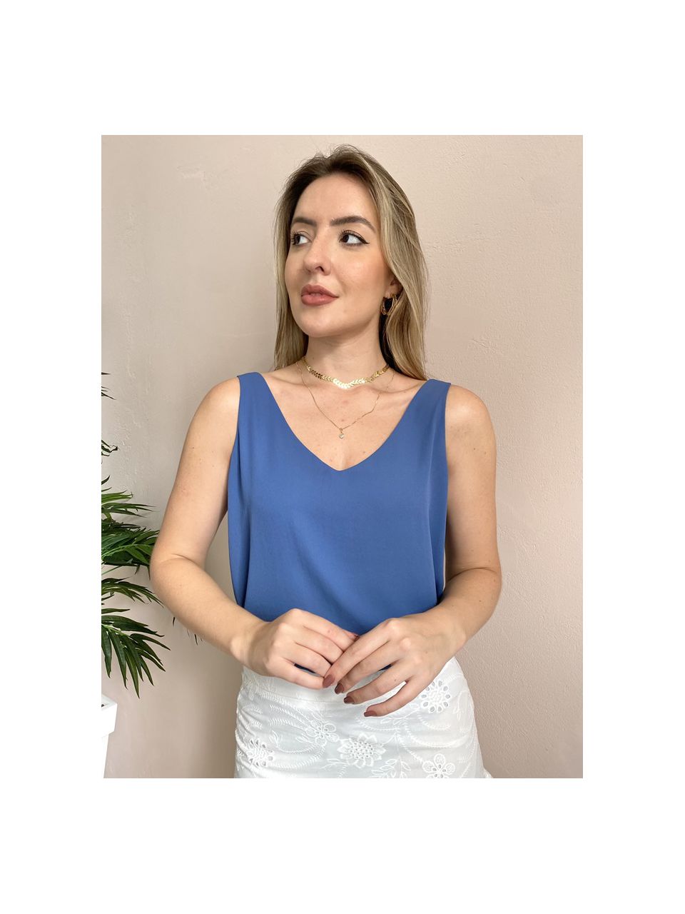 Regata Tulipa Decote V - Azul - DONNA LELLA