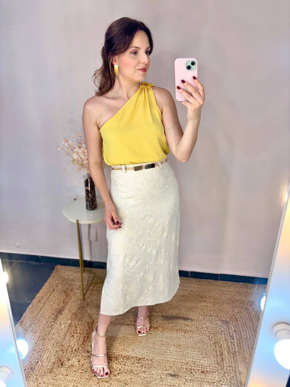 Saia Midi Linho Bordada - DONNA LELLA