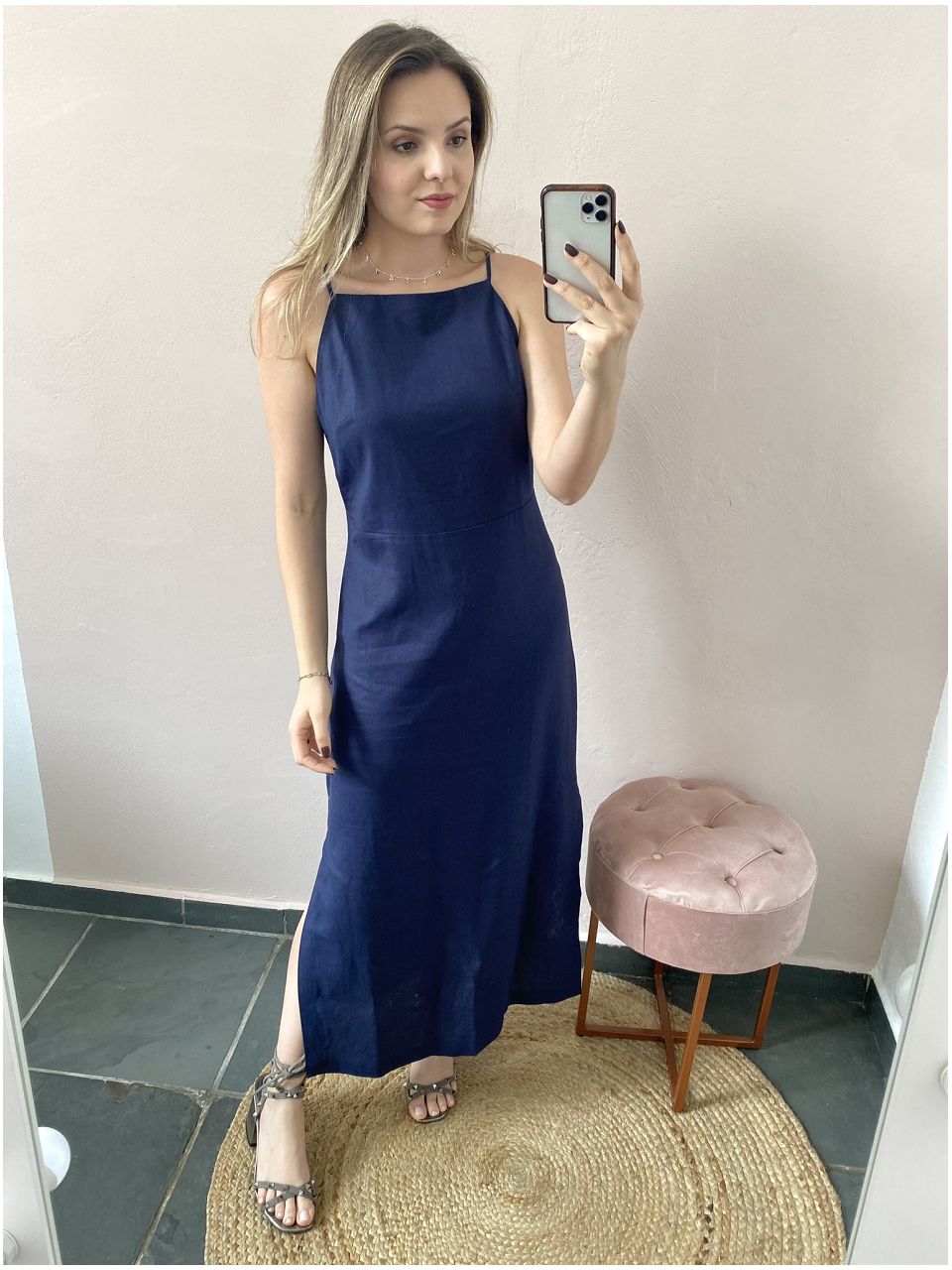 Vestido Linho Fenda Lateral - Marinho - DONNA LELLA