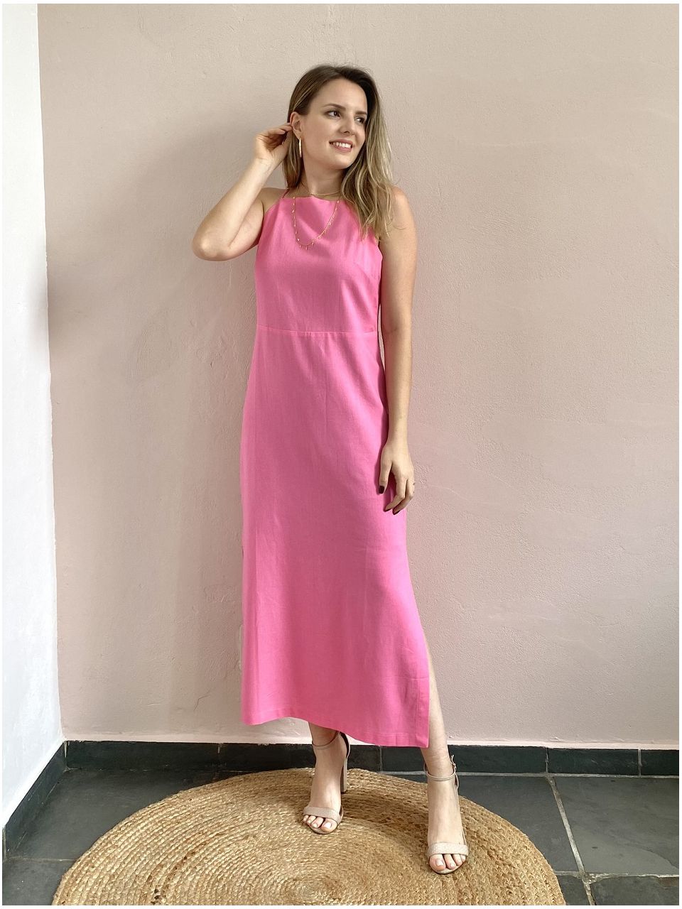 Vestido Linho Fenda Lateral - Rosa - DONNA LELLA