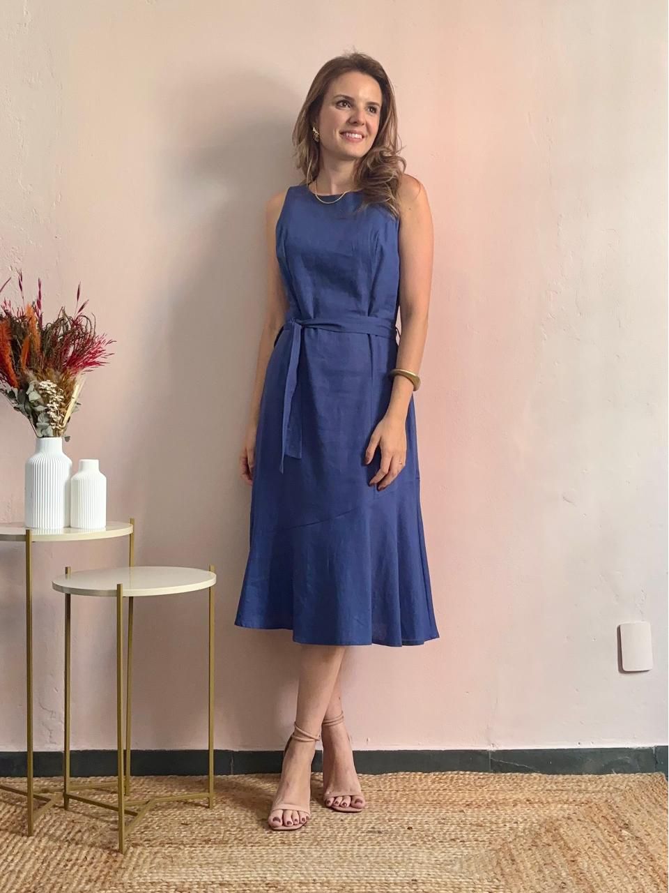 Vestido Linho Midi - Azul Jeans - DONNA LELLA
