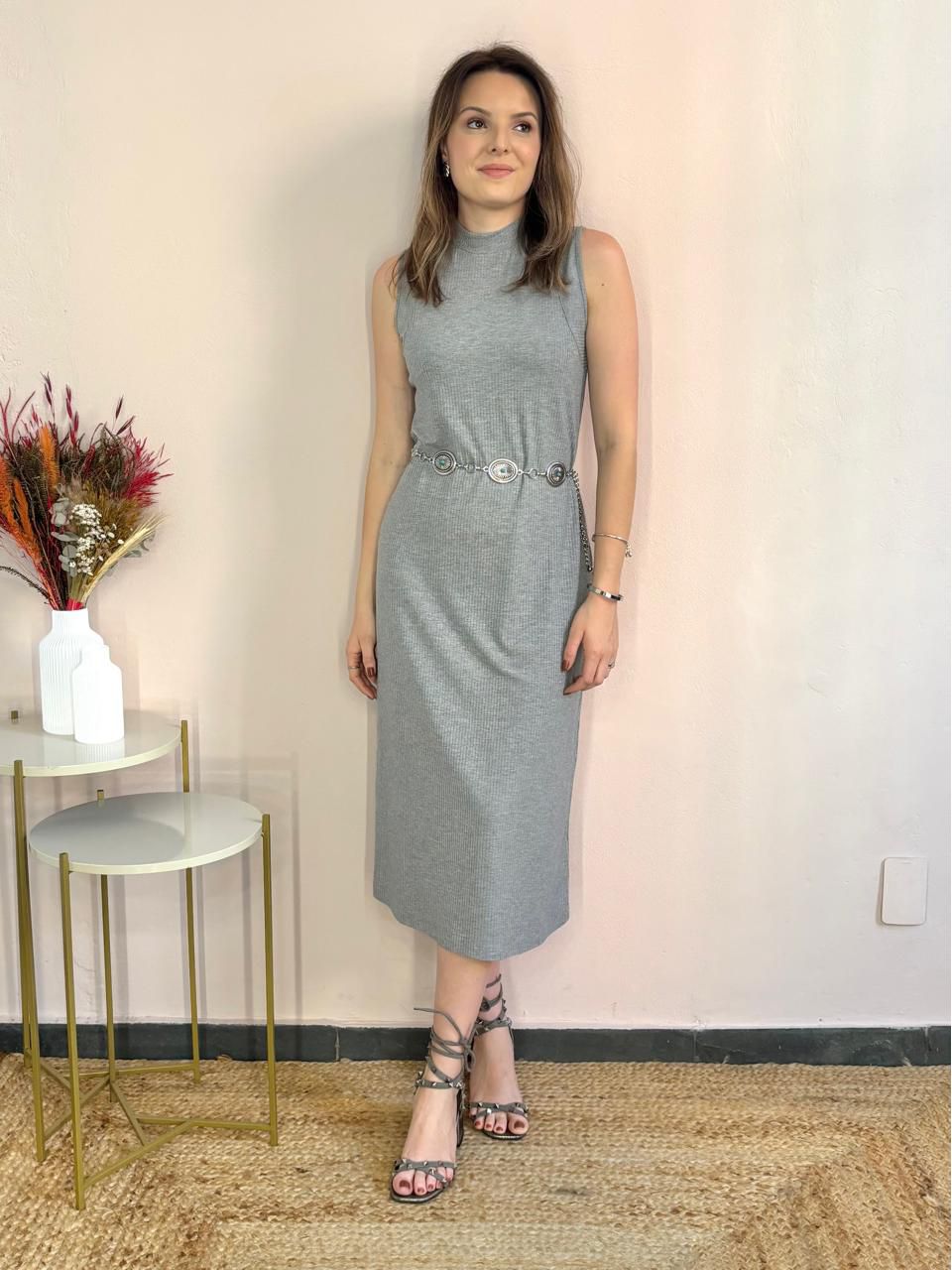 Vestido Isabela Midi Canelado - Cinza - DONNA LELLA