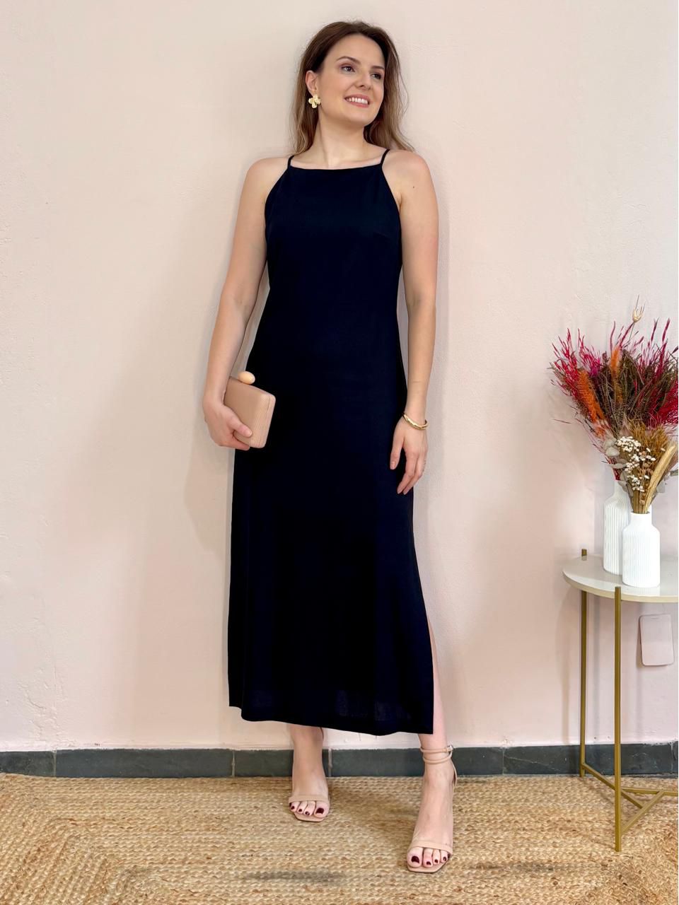 Vestido Linho Fenda Lateral - Preto - DONNA LELLA