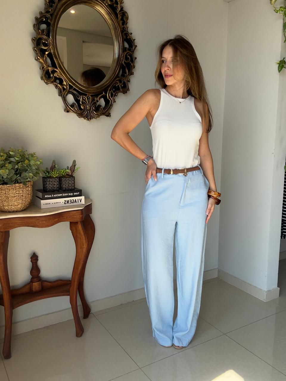 Calça Reta Alfaiataria Azul Bebê - Empório Leal