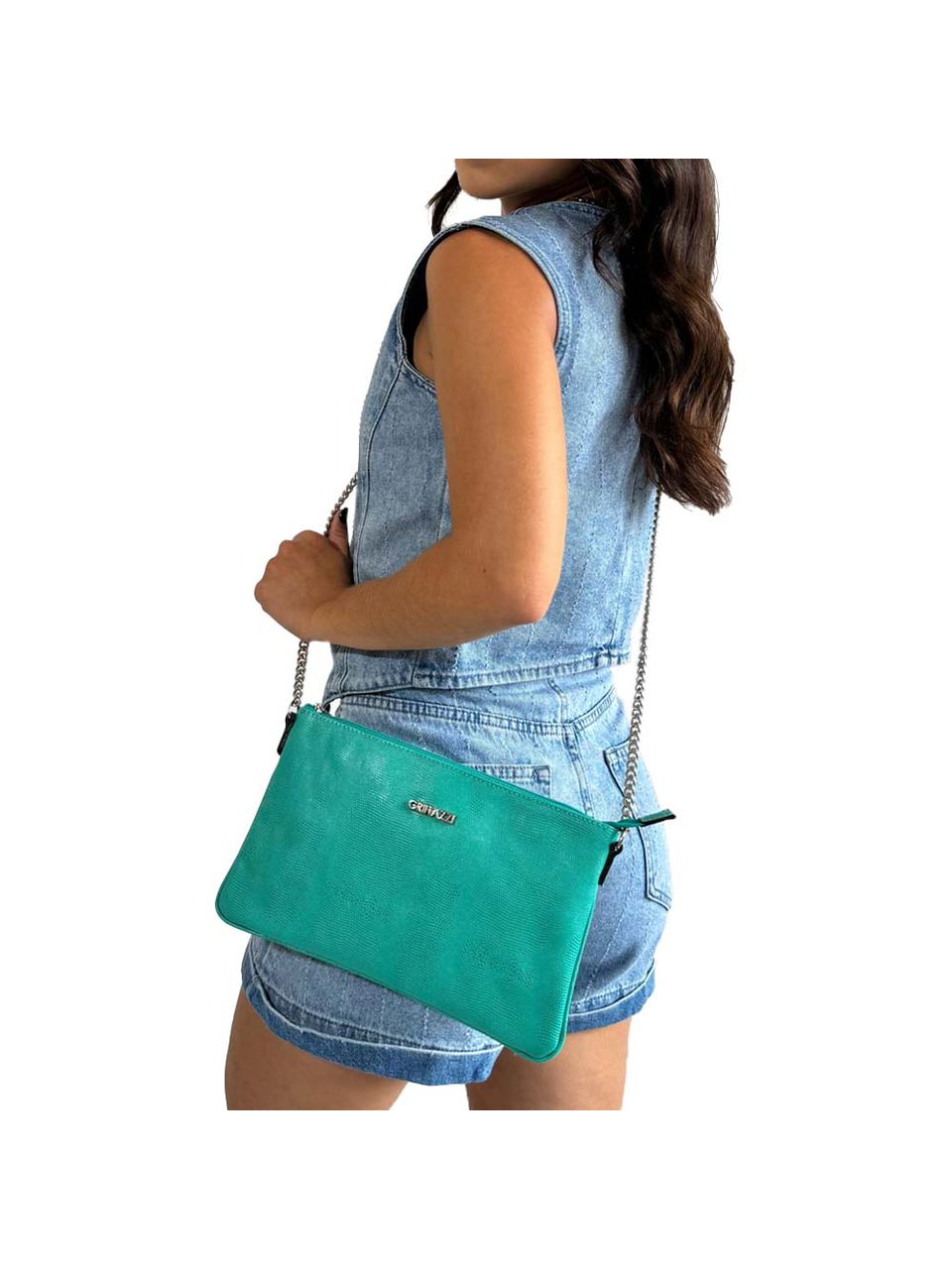 Bolsa Clutch Transversal em Couro Griffazzi Verde Água