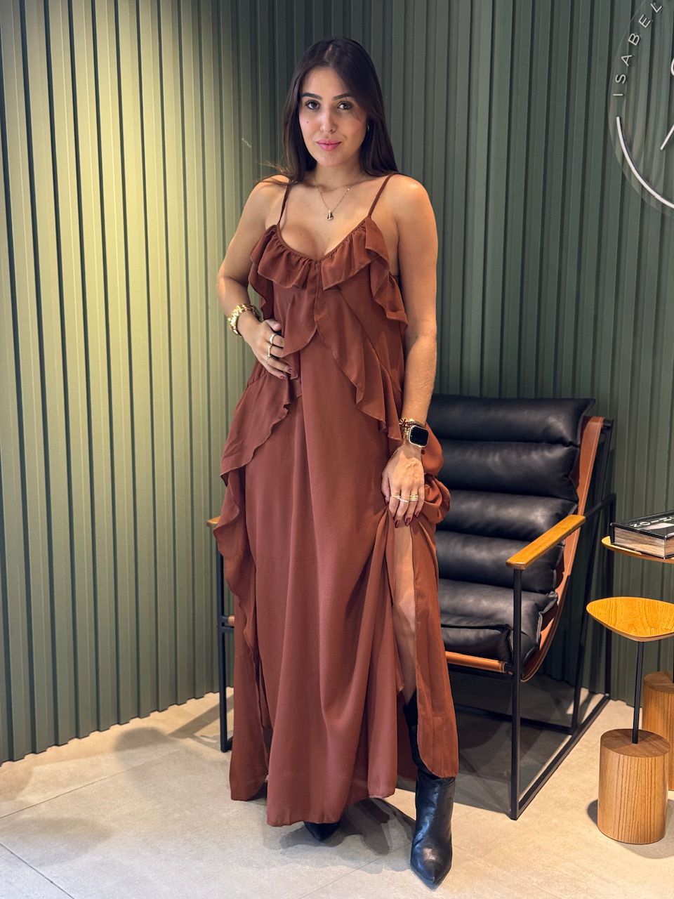 VESTIDO JULIA LONGO MARROM - 0013350020 - ISABELA MENEZES