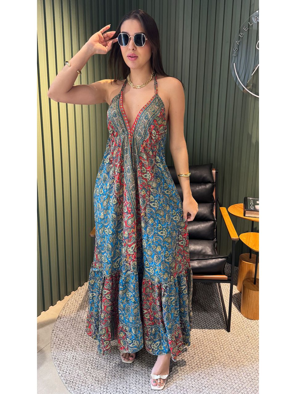 VESTIDO INDIANO AZUL COM ESTAMPA - 0008980114 - ISABELA MENEZES