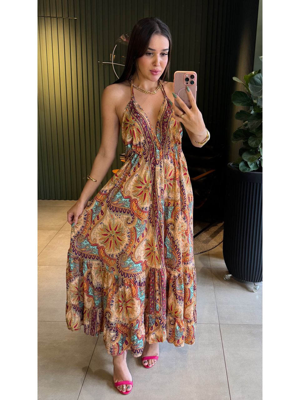 VESTIDO INDIANO LARANJA ESTAMPADO - 0008980101 - ISABELA MENEZES