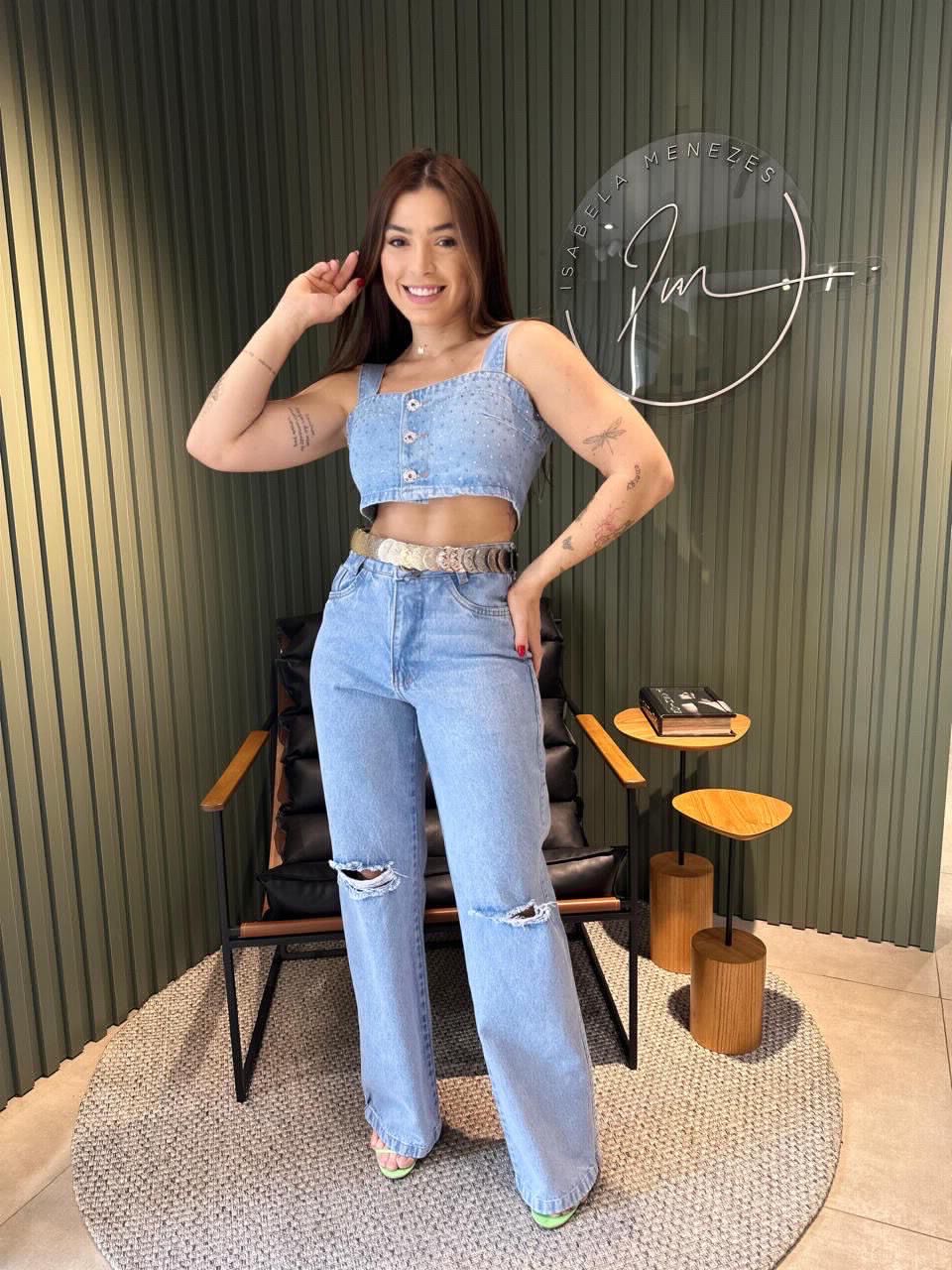 CROPPED JEANS STRASS JEANS - 0009350001 - ISABELA MENEZES