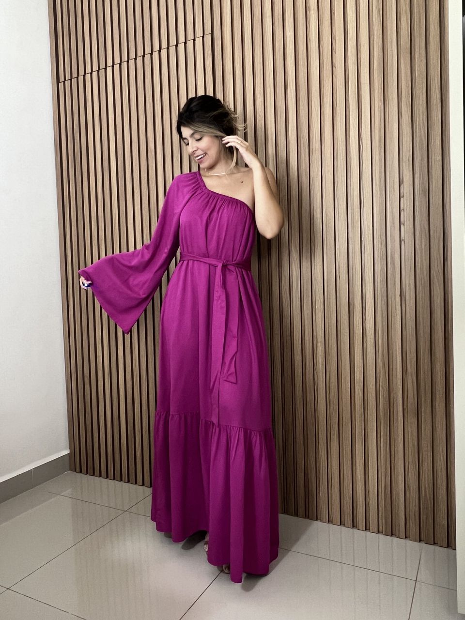 Vestido Ombro Único Fúcsia