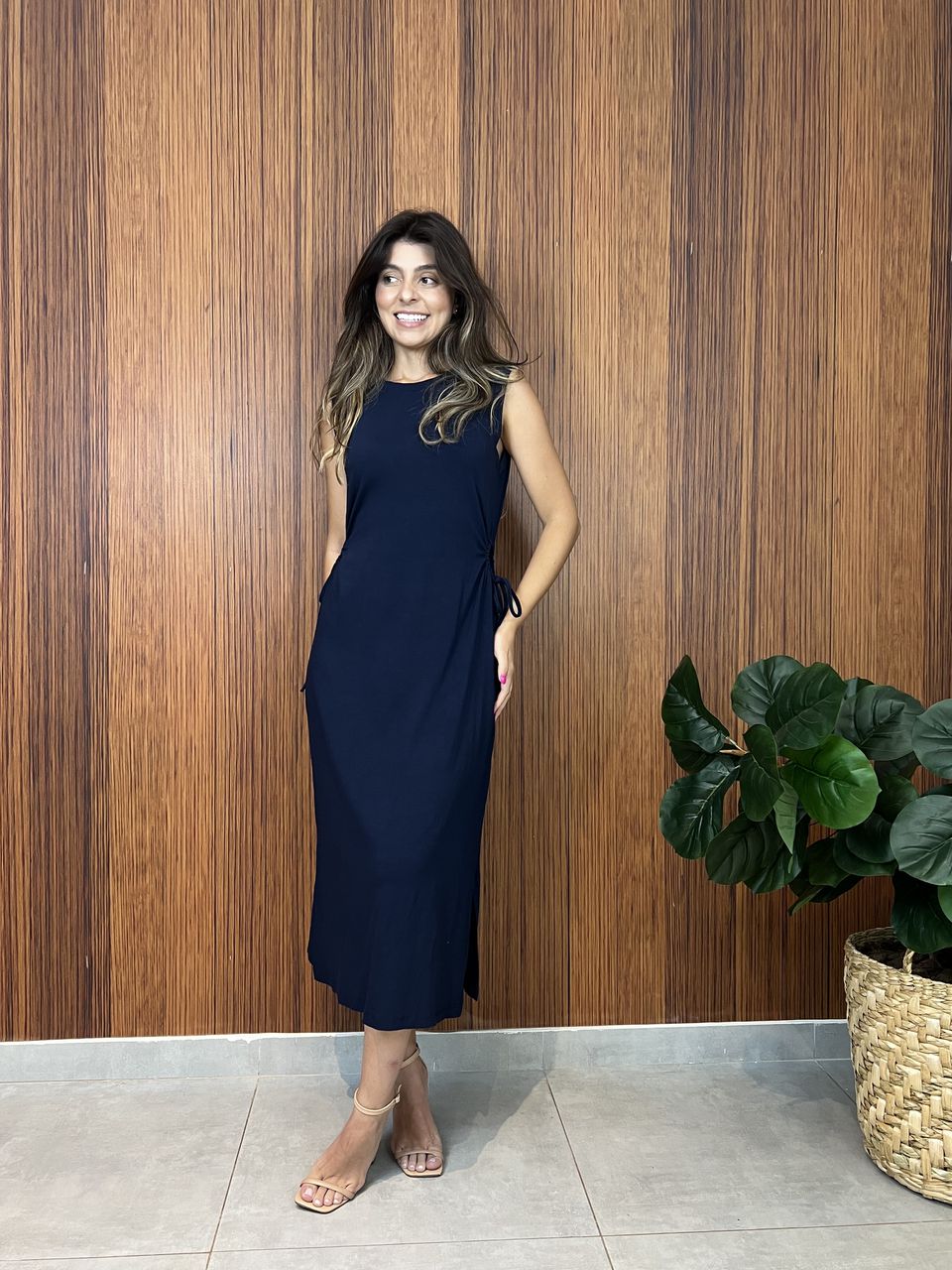 Vestido Recortes Malha Azul Marinho