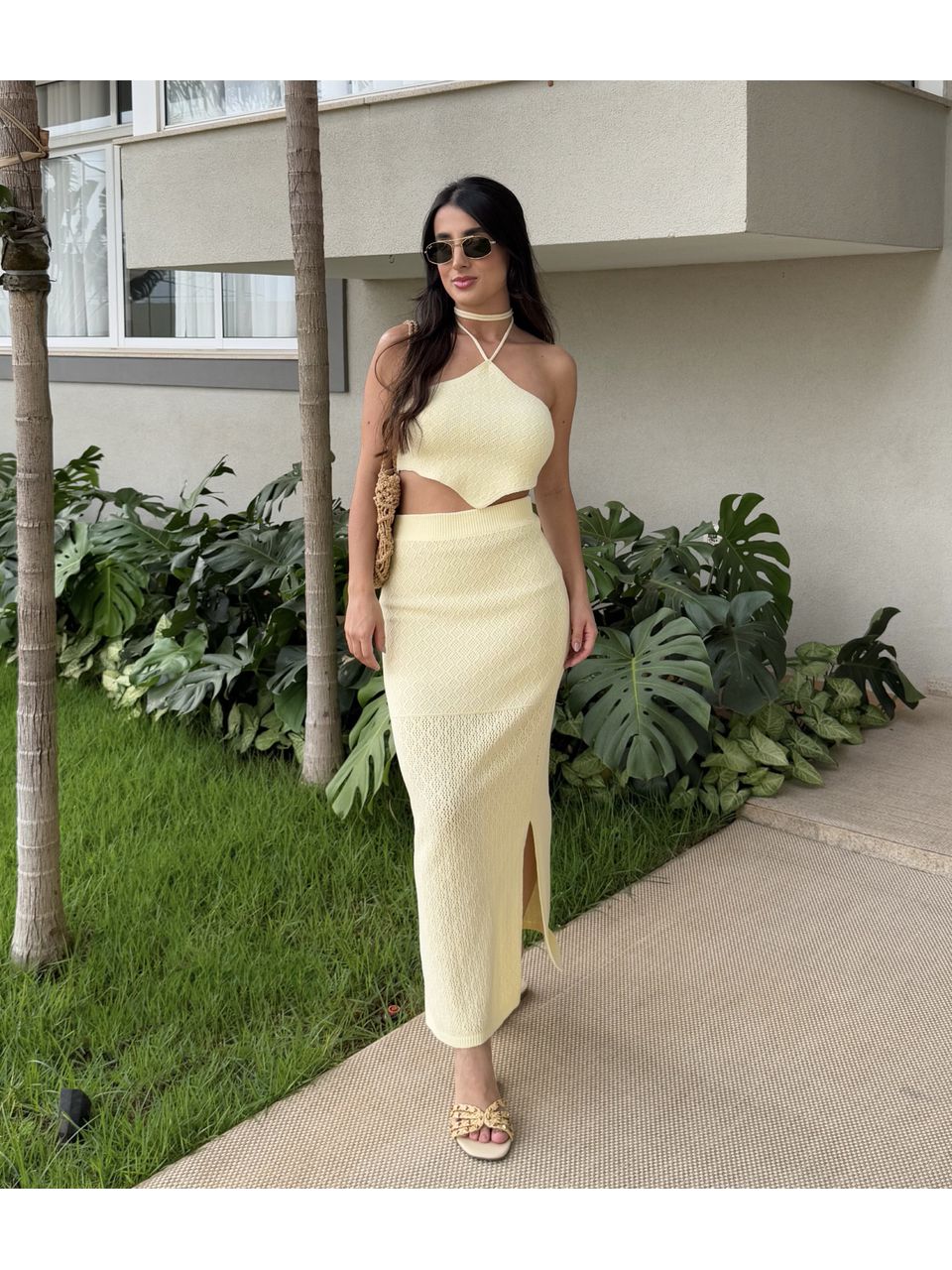 CONJUNTO MAIA AMARELO SAIA MIDI COM FORRO E CROPPE... - Larih Mercurio