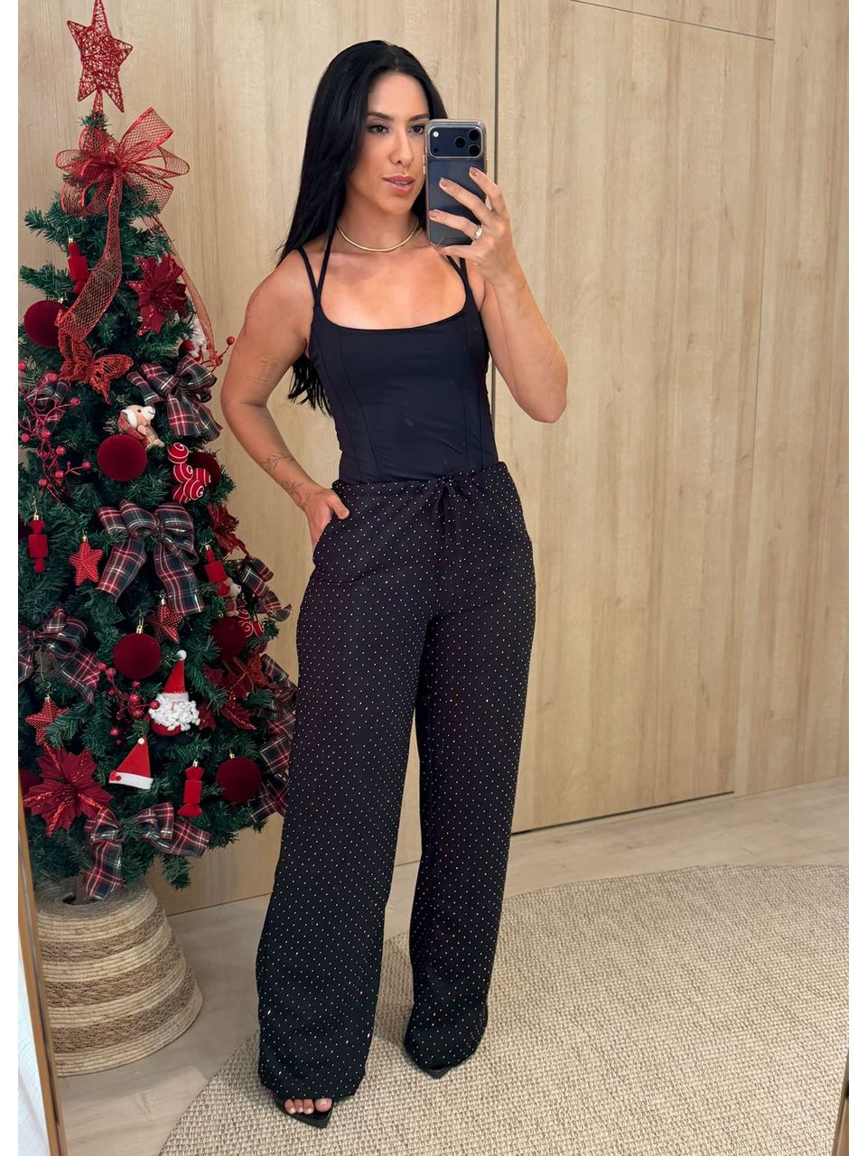 CALÇA PANTALONA PRETA COM BRILHO - Larih Mercurio