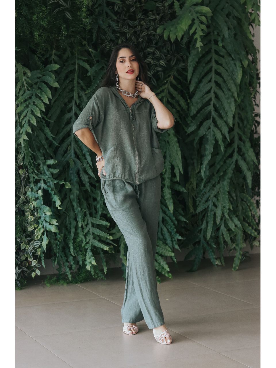 Conjunto Perla Linho Italiano Verde Militar