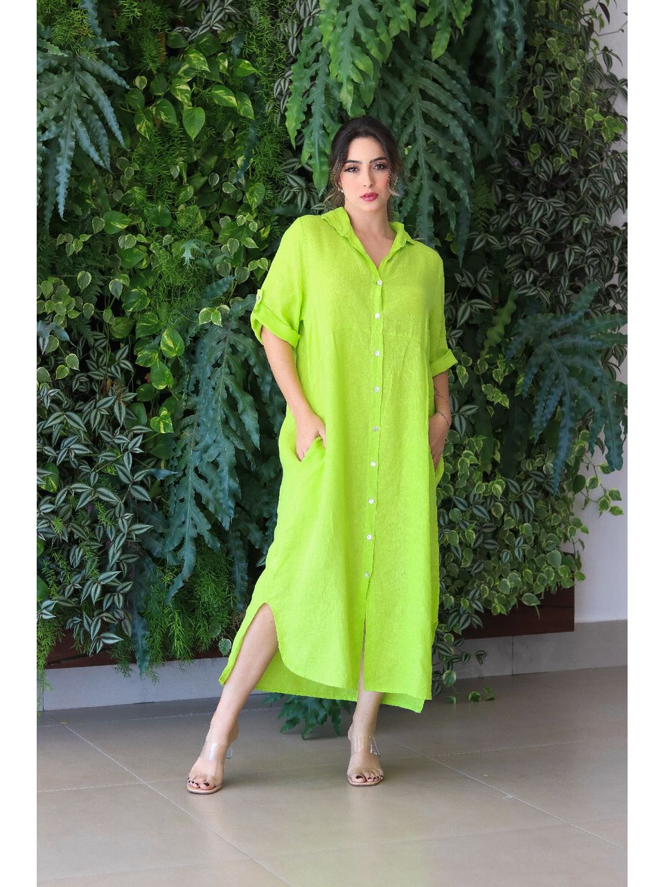 Chemise Clássica Linho Italiano Verde Lima