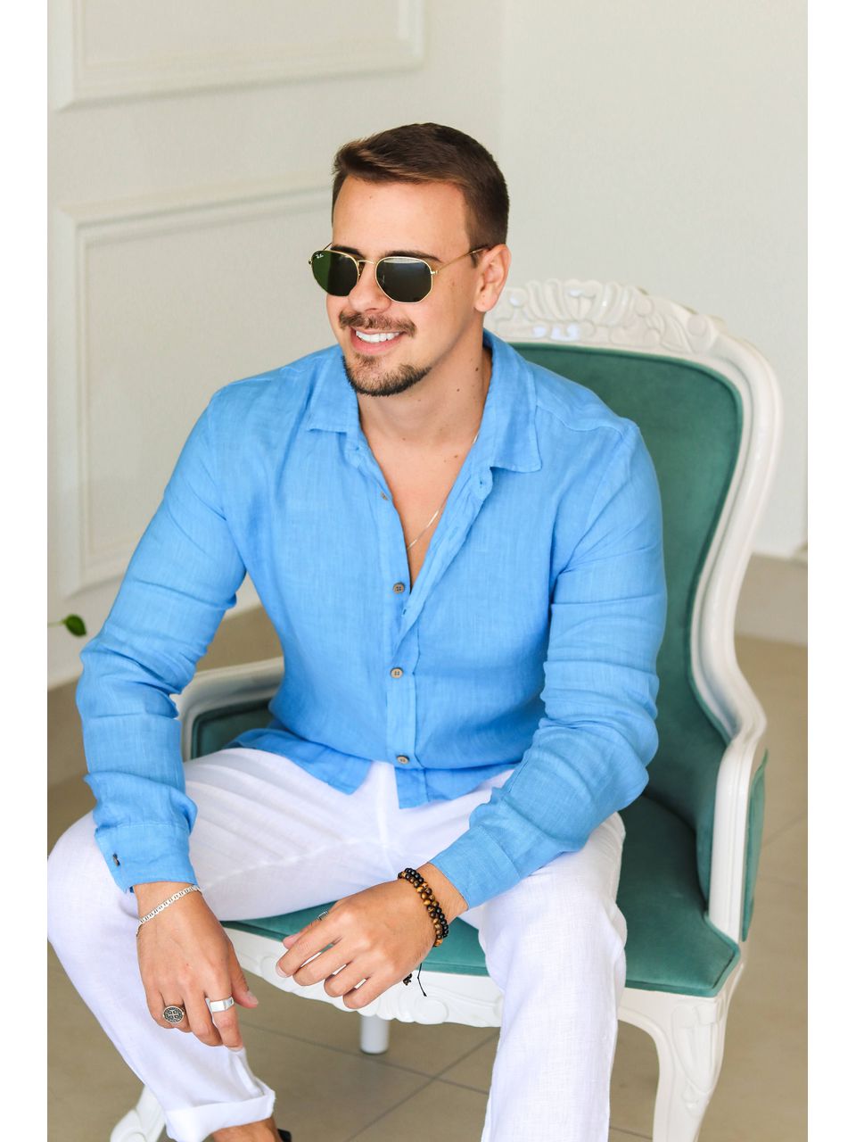 Camisa Masculina Manga Longa Samuel - Linho Italiano Azul Hortênsia