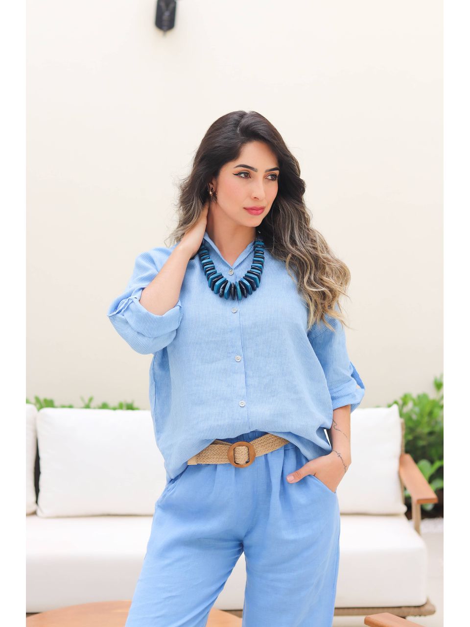 Conjunto Samira Linho Italiano Azul Hortênsia