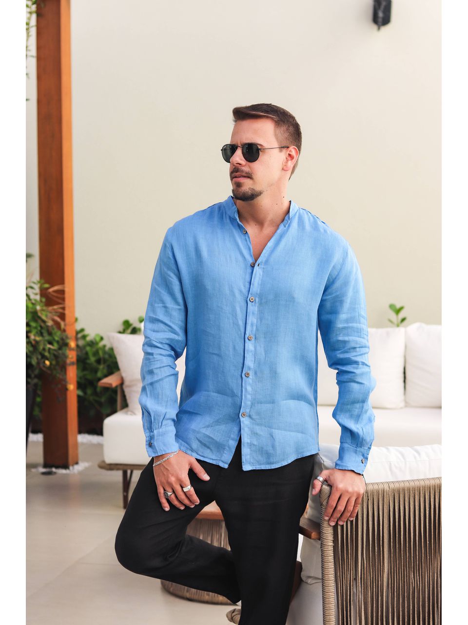 Camisa Masculina Enrico Linho Italiano Azul Hortênsia