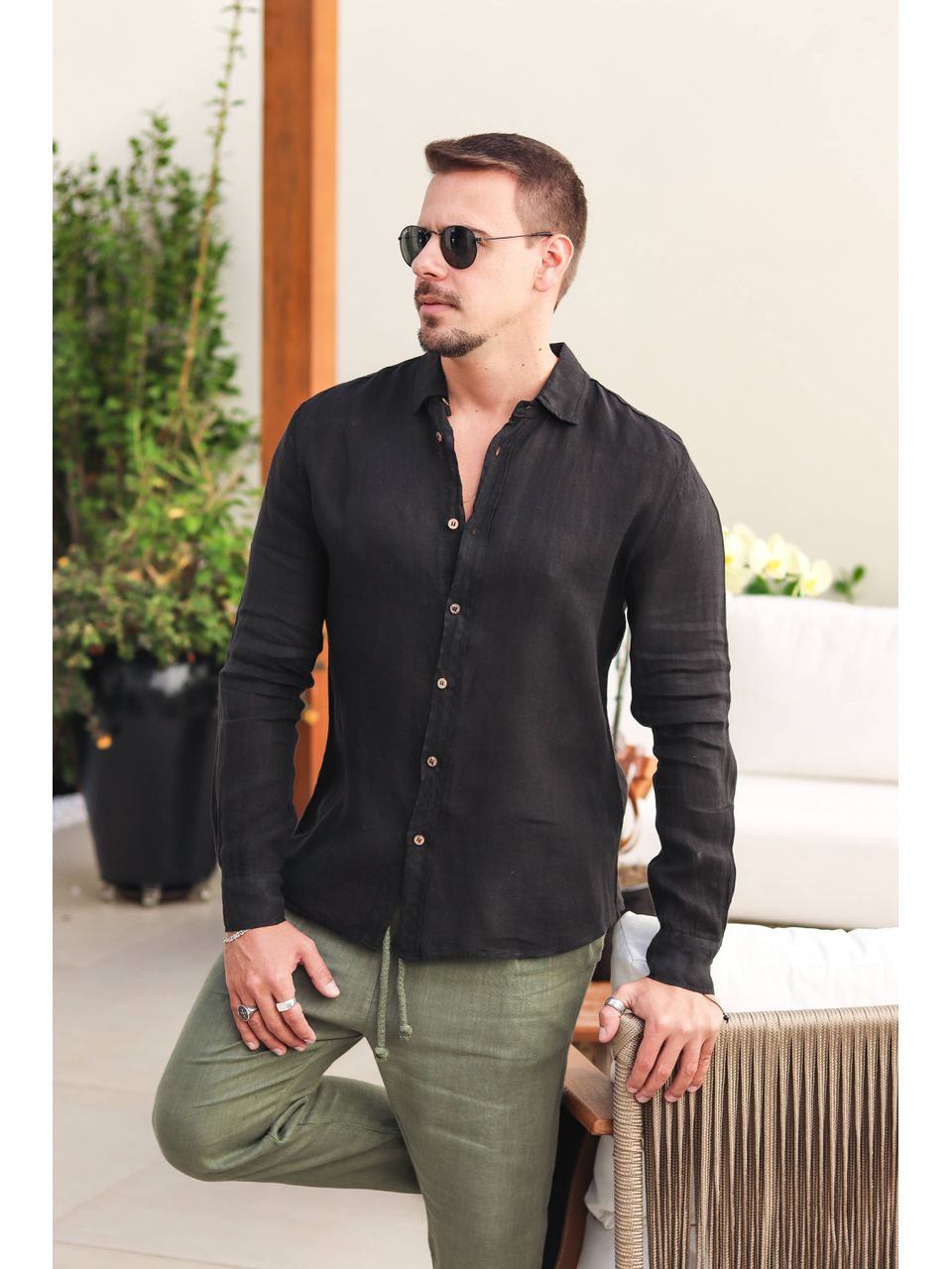 Camisa Masculina Manga Longa Samuel - Linho Italiano Preta