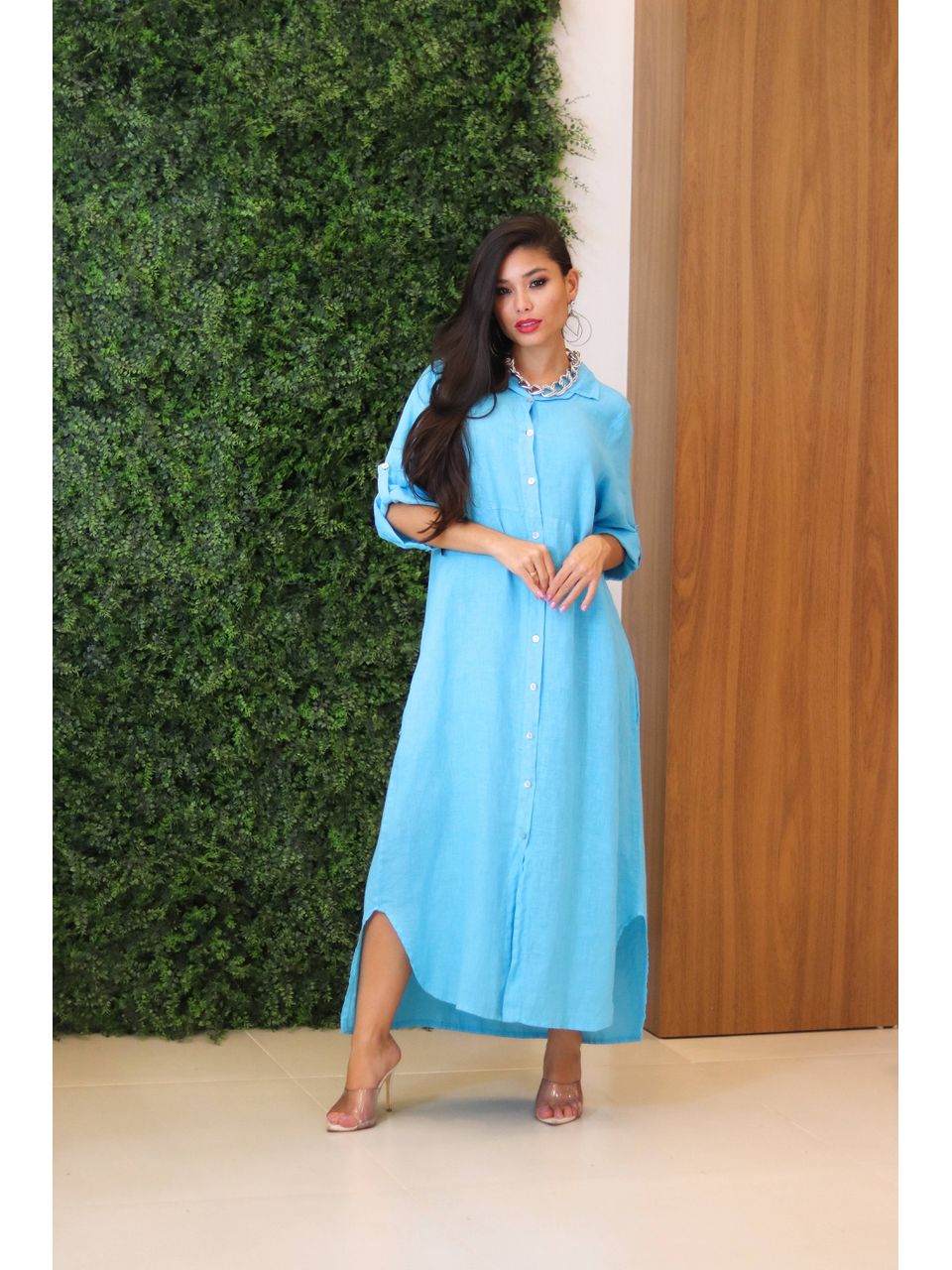 Chemise Classica Linho Italiano Azul Turquesa