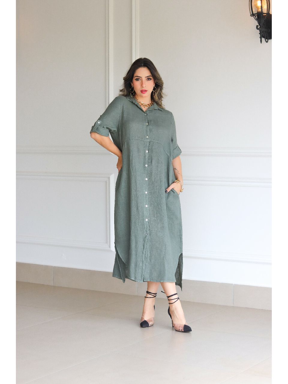 Chemise Classica Linho Italiano Verde Militar