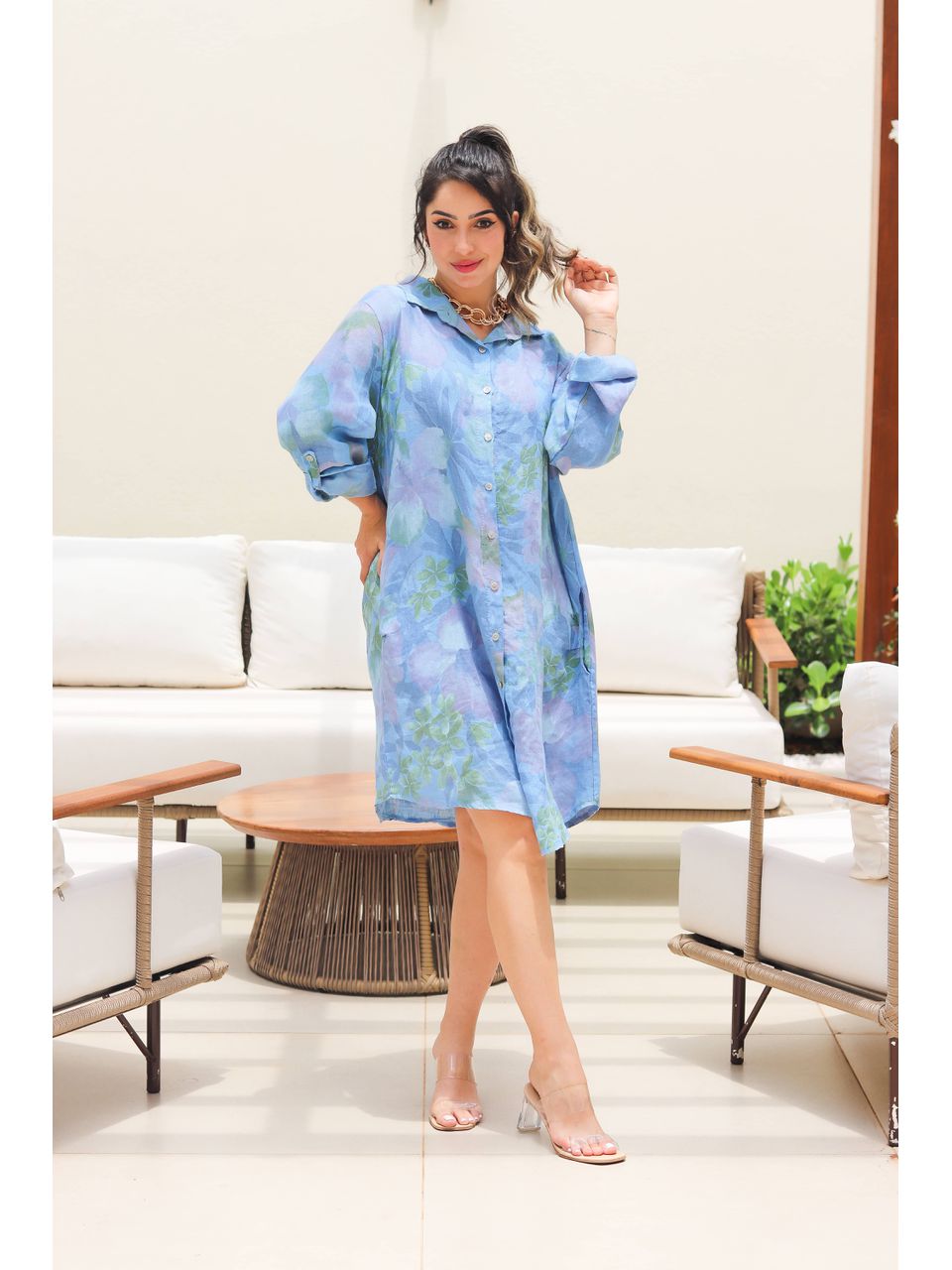 Chemise Cassia Linho Italiano Azul Hortênsia