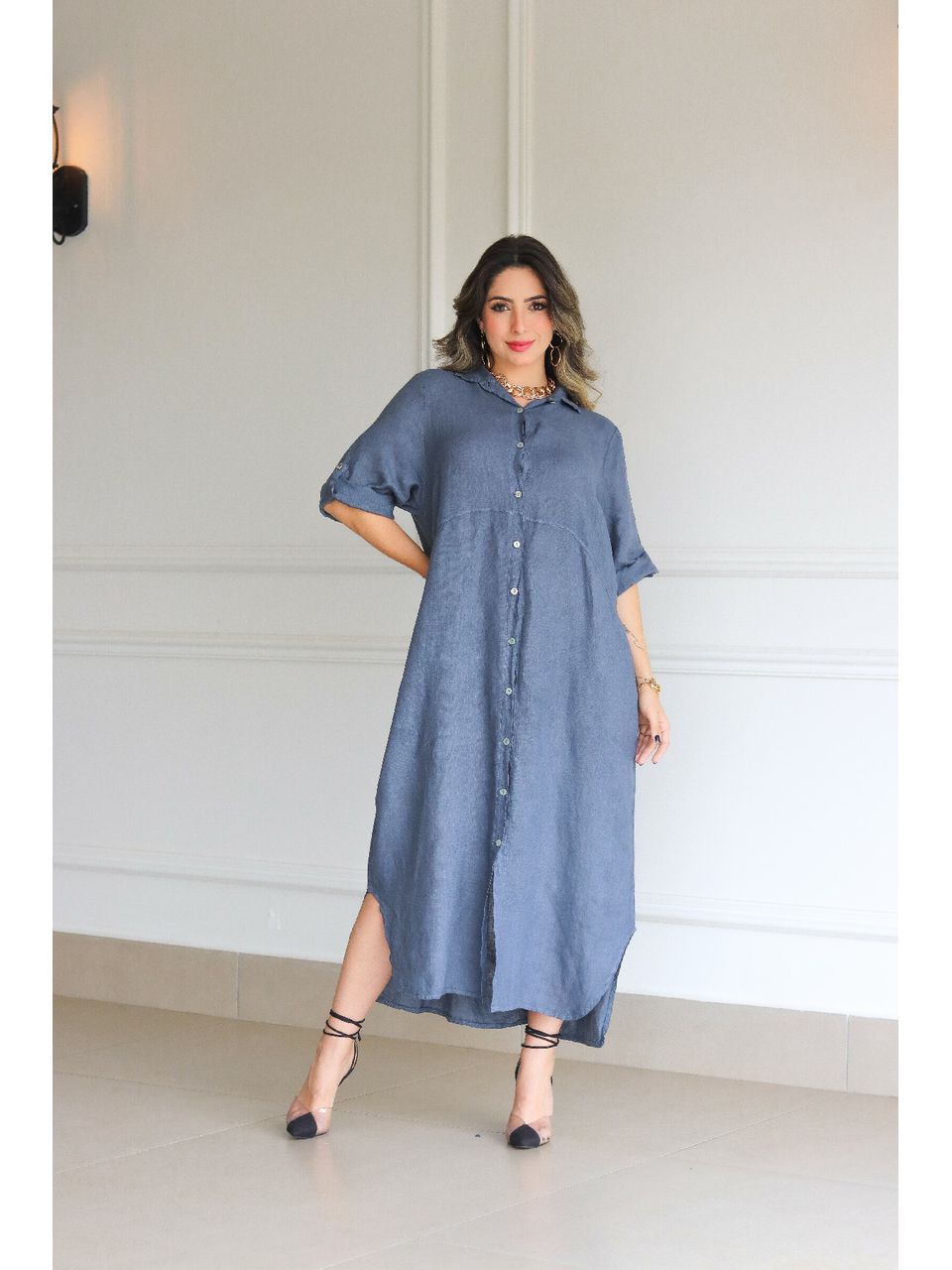 Chemise Clássica Linho Italiano Azul Jeans