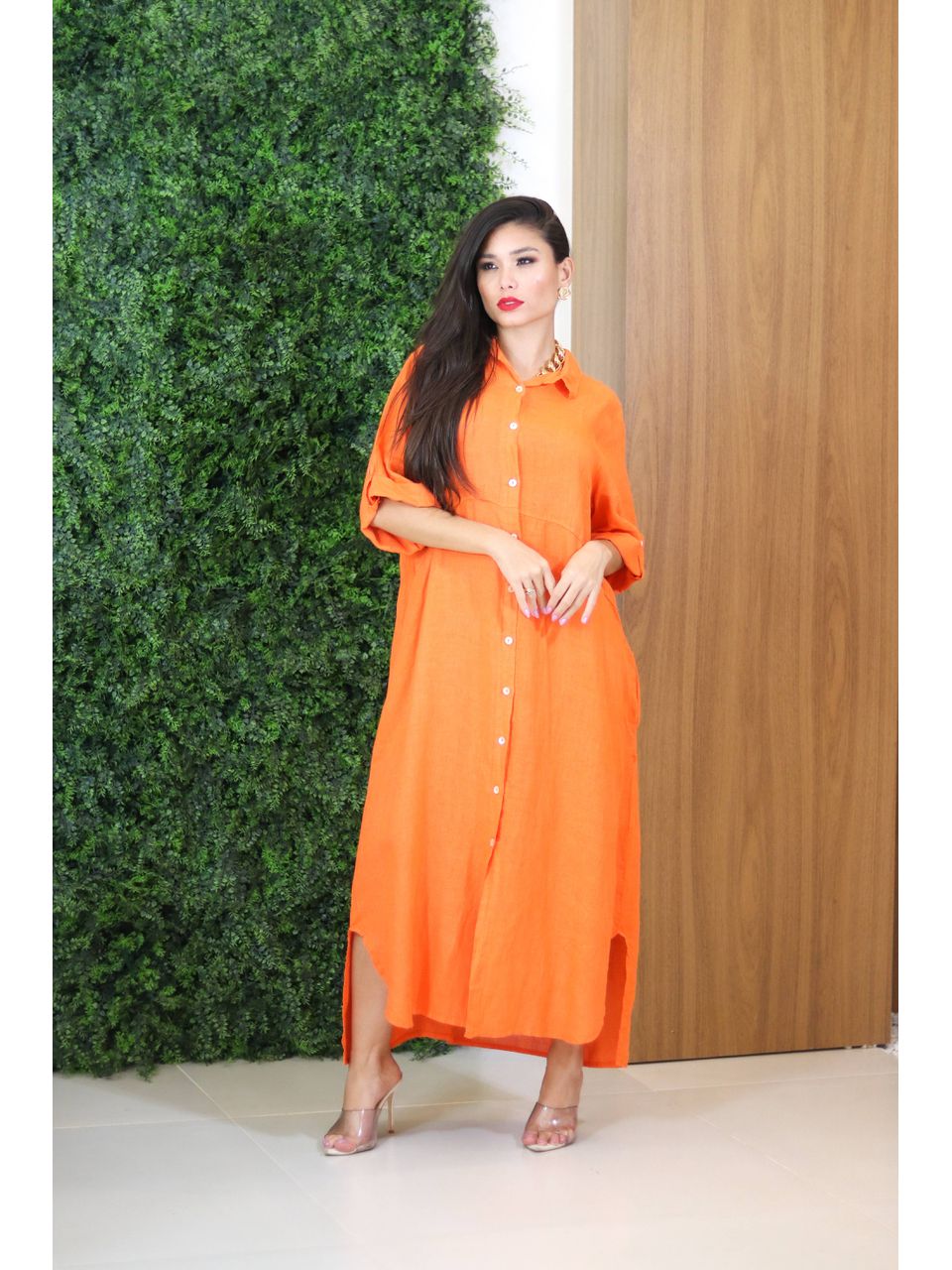 Chemise Classica Linho Italiano Laranja