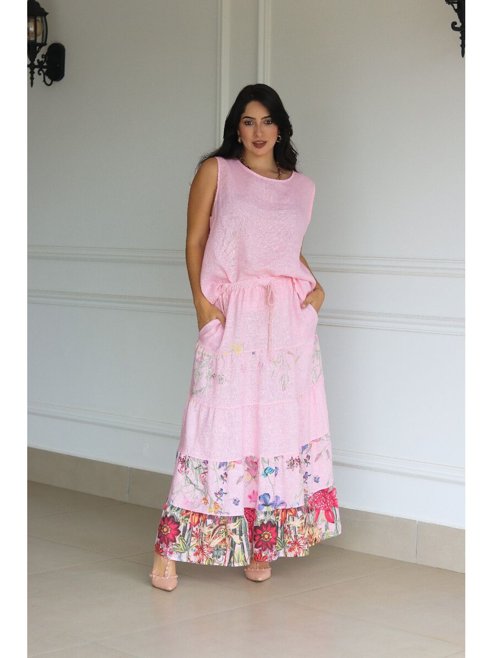 Conjunto Alessandra Linho Italiano Rosa Chiclete