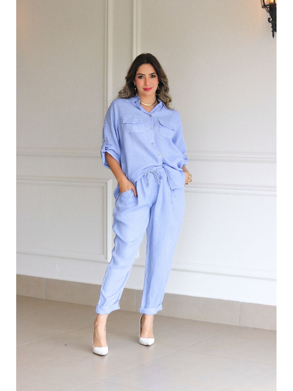 Conjunto Clássico Linho Italiano Azul Hortênsia