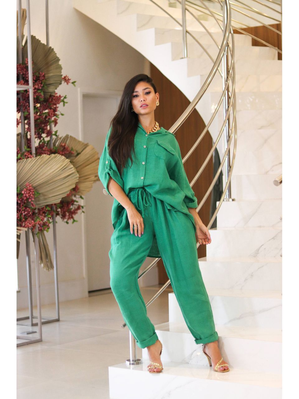 Conjunto Clássico Linho Italiano Verde Bandeira