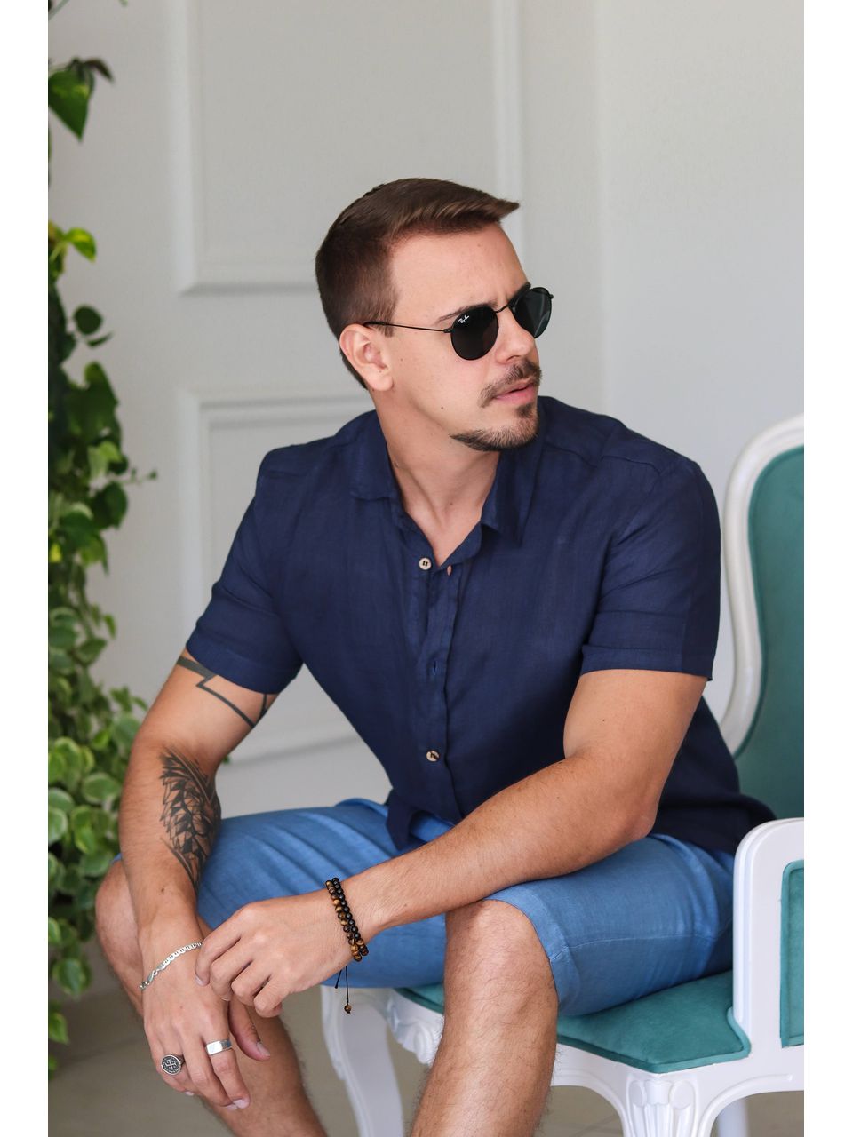 Camisa Masculina Manga Curta Davi - Linho Italiano Marinho
