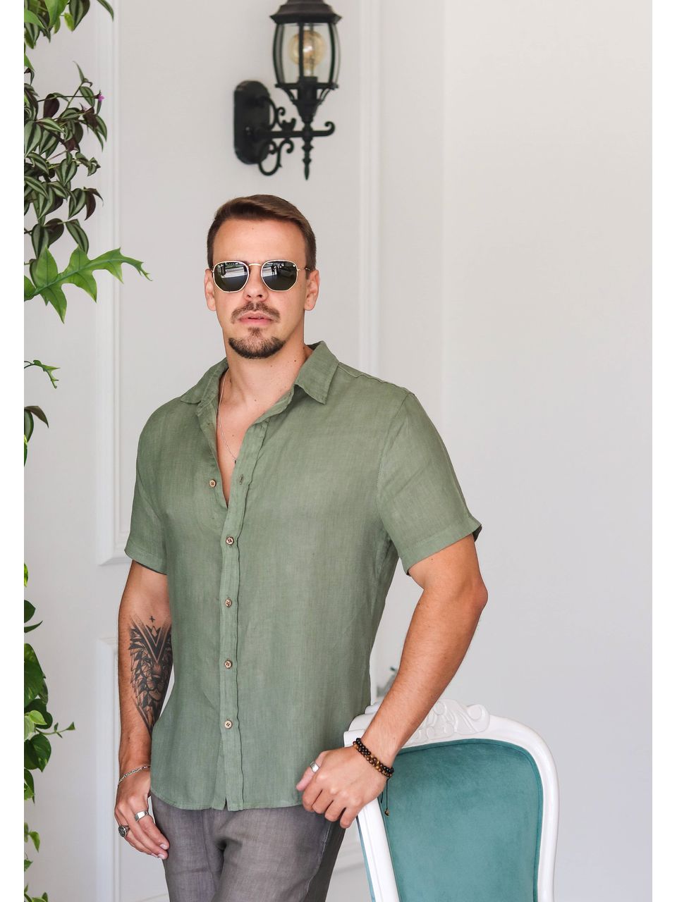 Camisa Masculina Manga Curta Davi - Linho Italiano Verde Militar