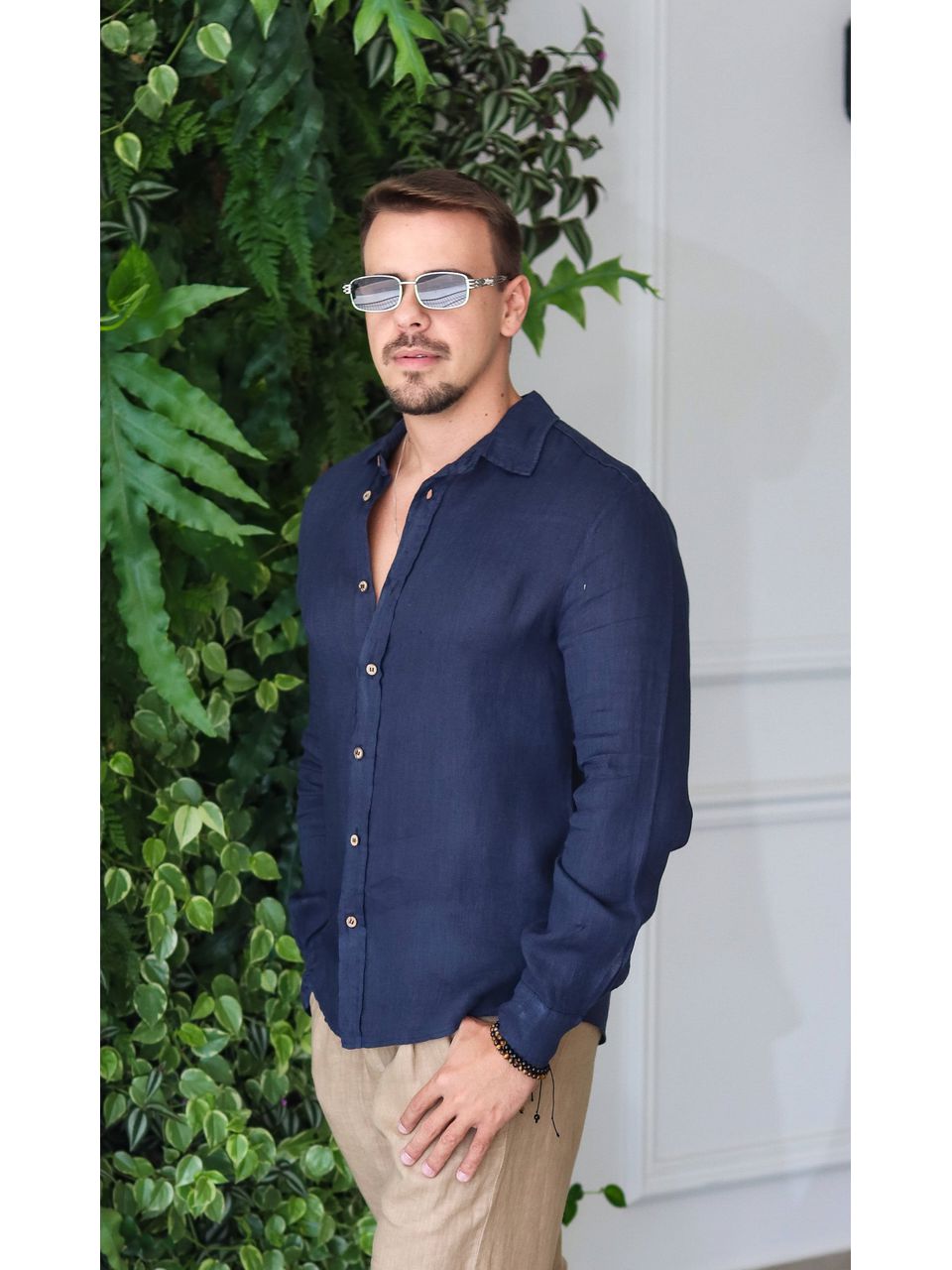 Camisa Masculina Manga Longa Samuel - Linho Italiano Marinho