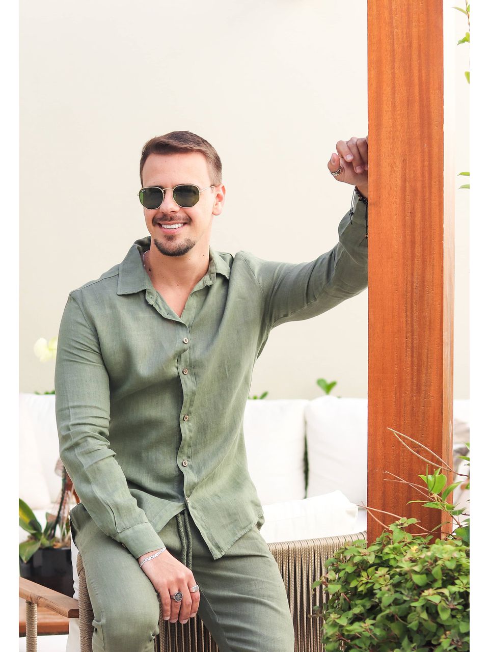Camisa Masculina Manga Longa Samuel - Linho Italiano Verde Militar