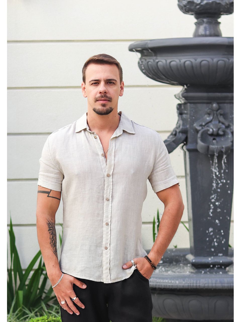 Camisa Masculina Manga Curta Davi - Linho Italiano Caqui