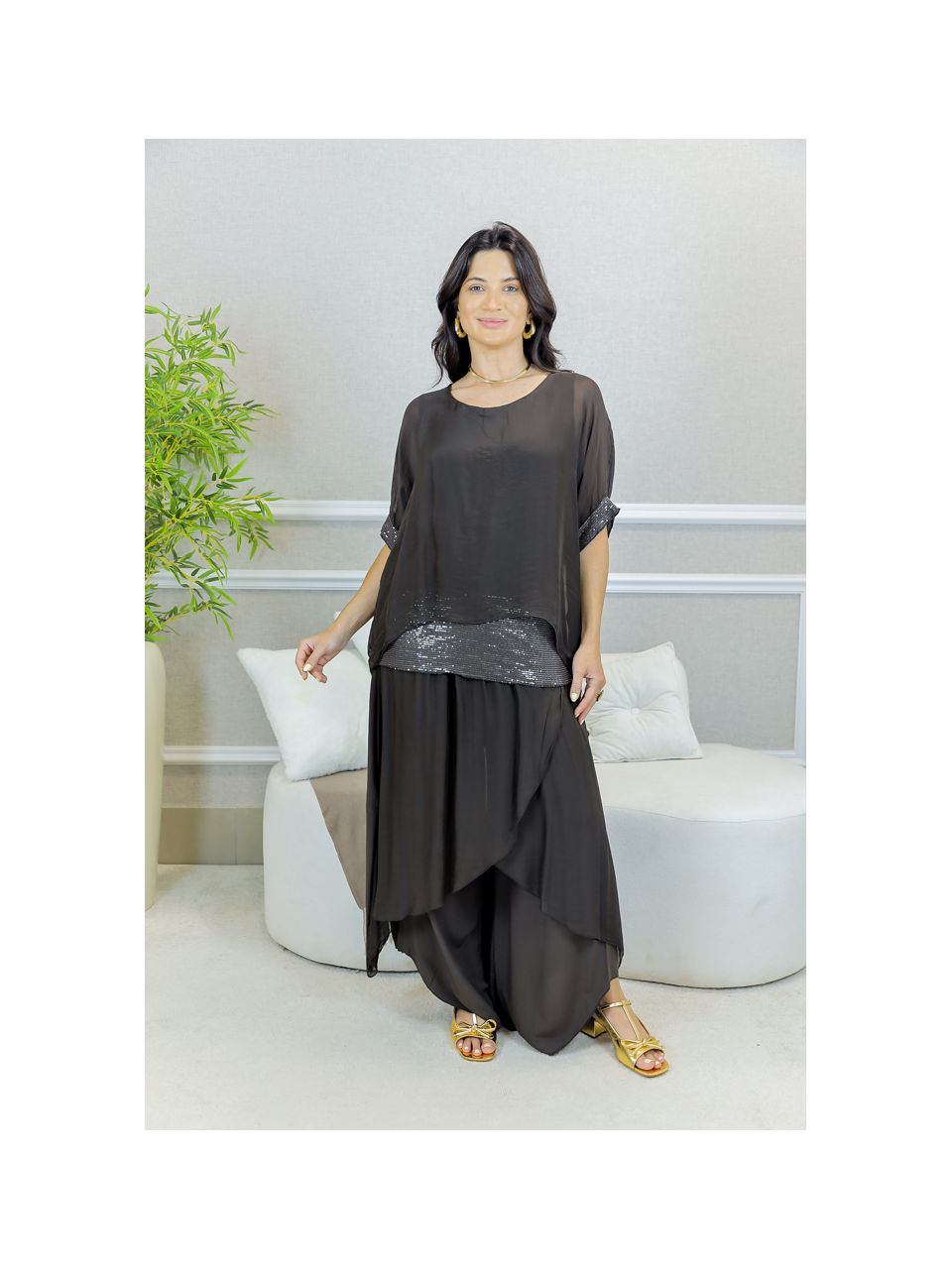 CONJUNTO AMOR PERFEITO MARROM SEDA ITALIANA 