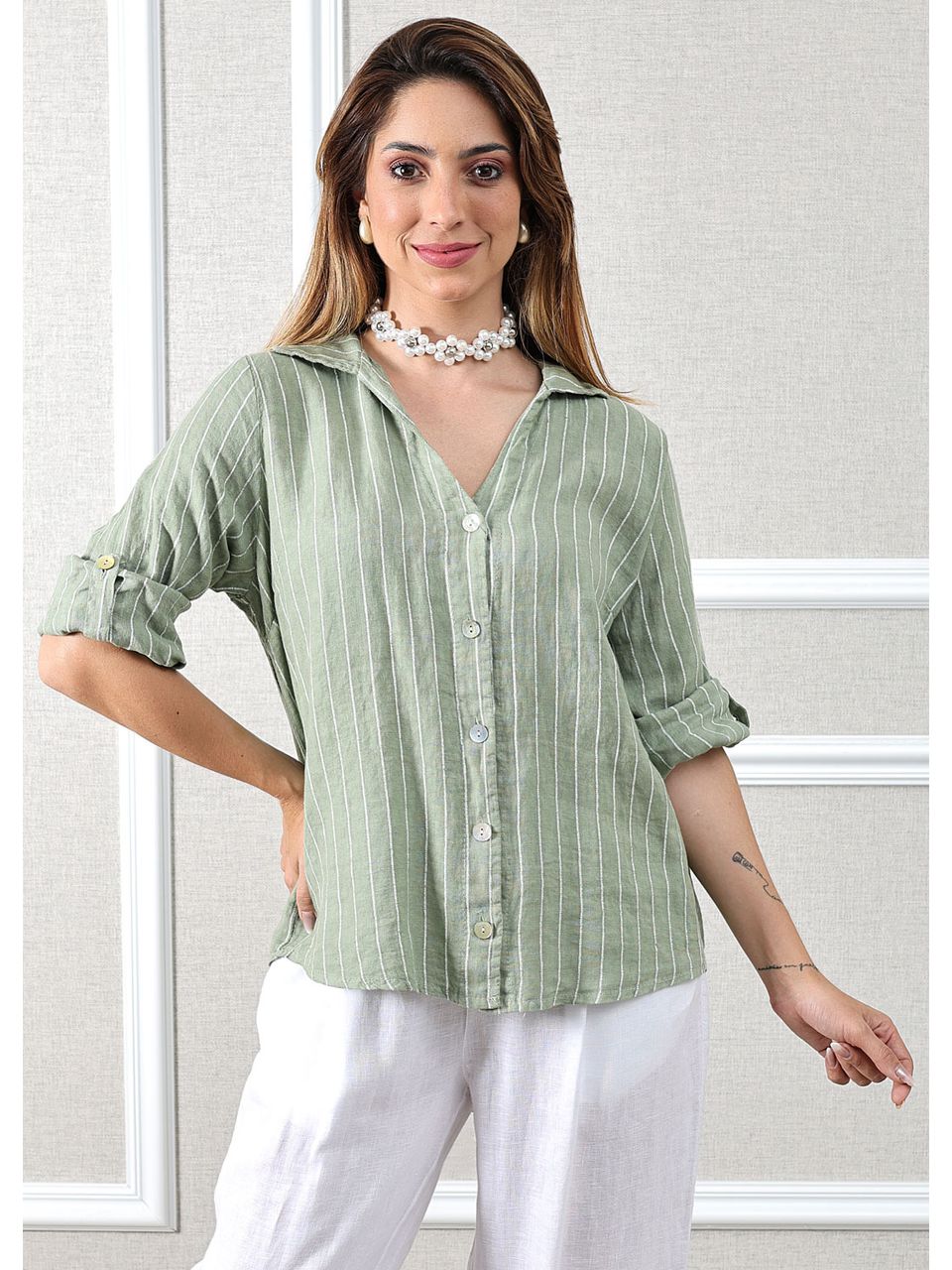 Camisa Celia Linho Italiano Verde Água 