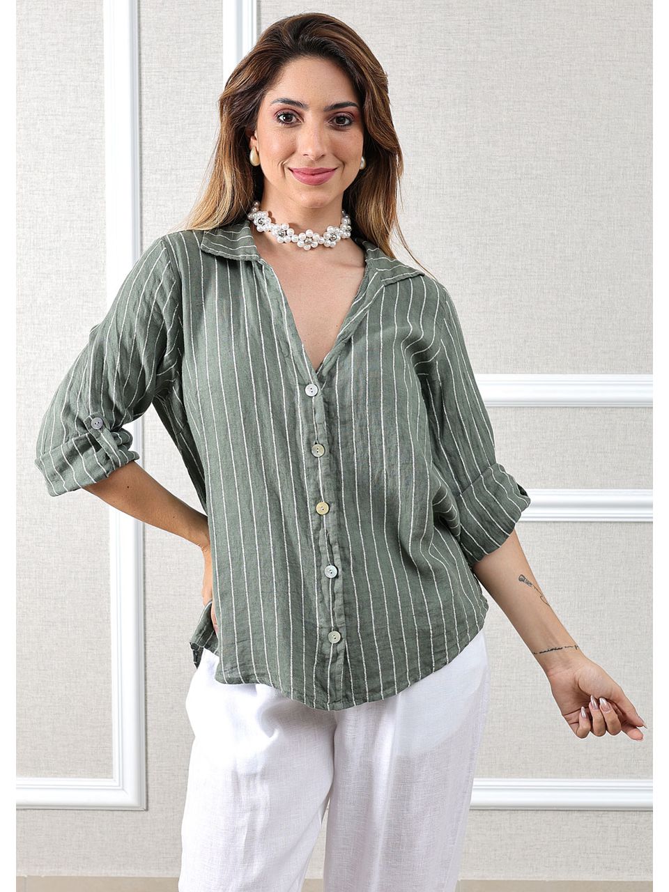 Camisa Celia Linho Italiano Verde Militar